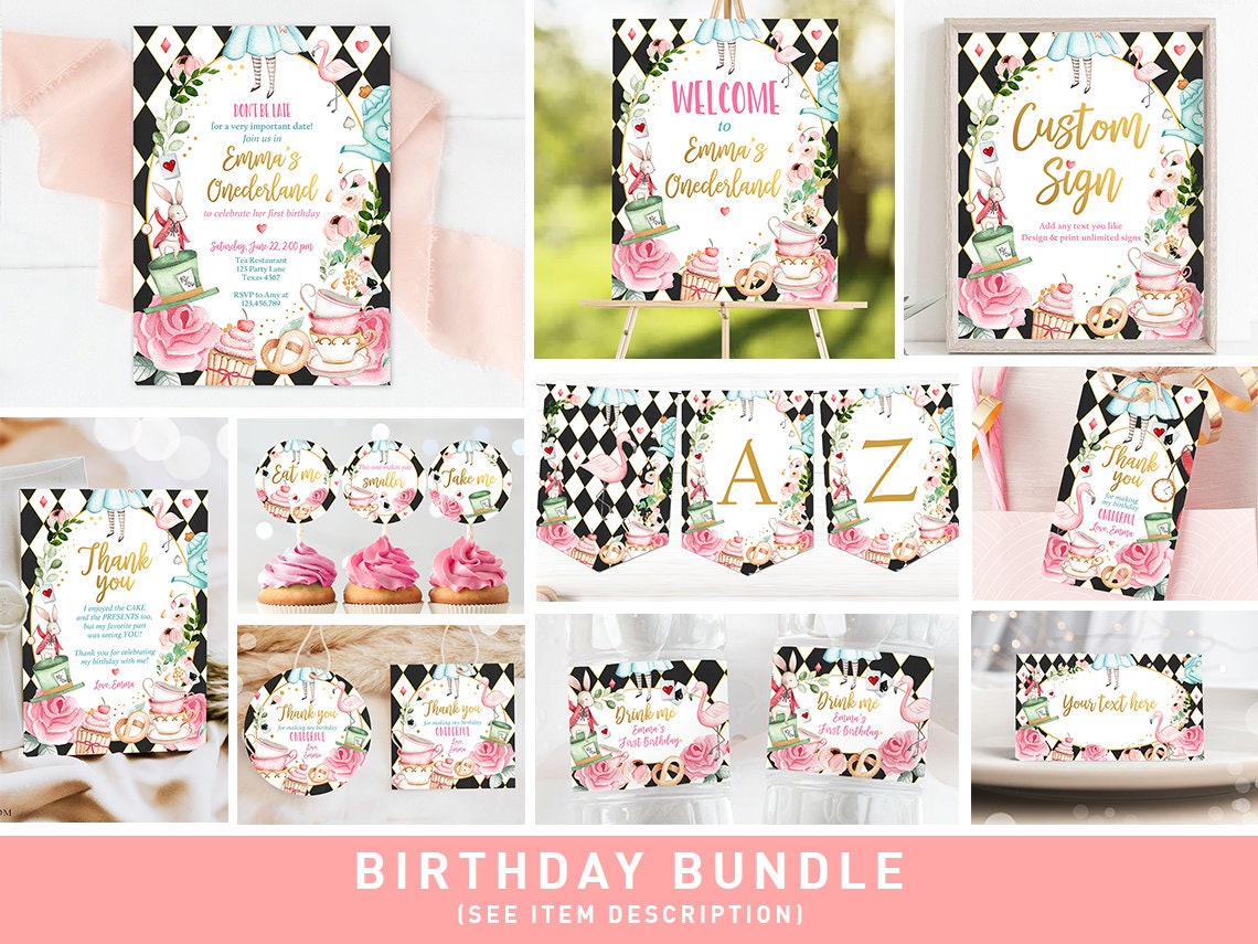 Alice in Onederland Birthday Invitation Bundle Alice in Wonderland Party Birthday Pink Girl Package 1st First Printable Corjl Template 0350