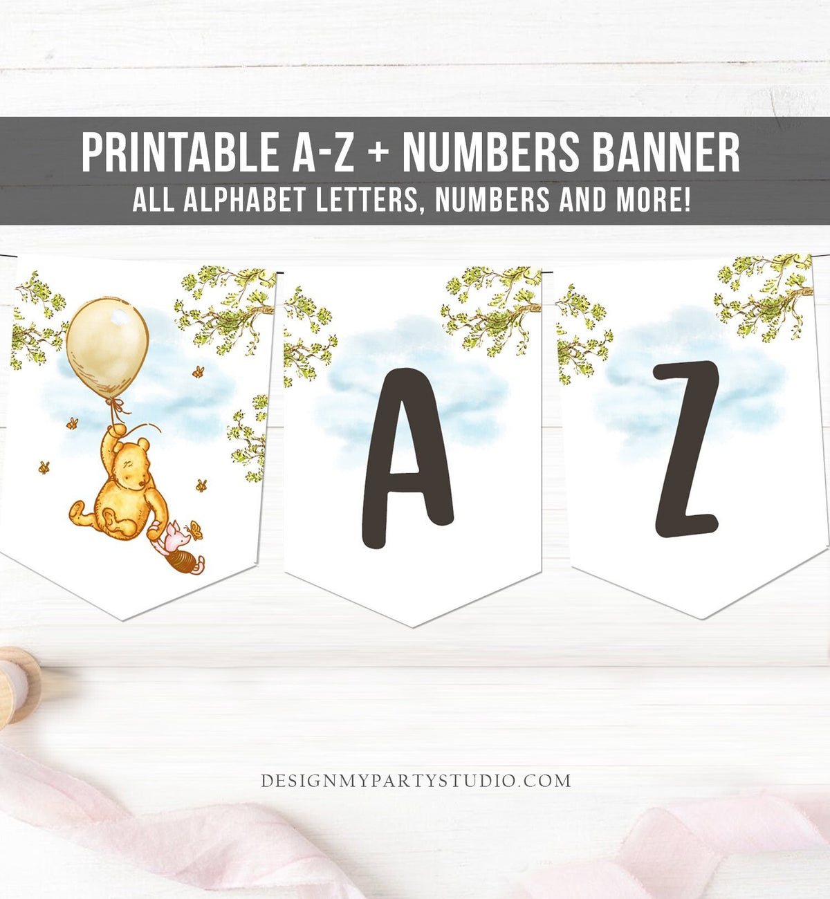 Winnie The Pooh Alphabet Banner Letters A to Z Numbers Classic Pooh Birthday Neutral Pooh Decor Shower Download PRINTABLE DIGITAL DIY 0425