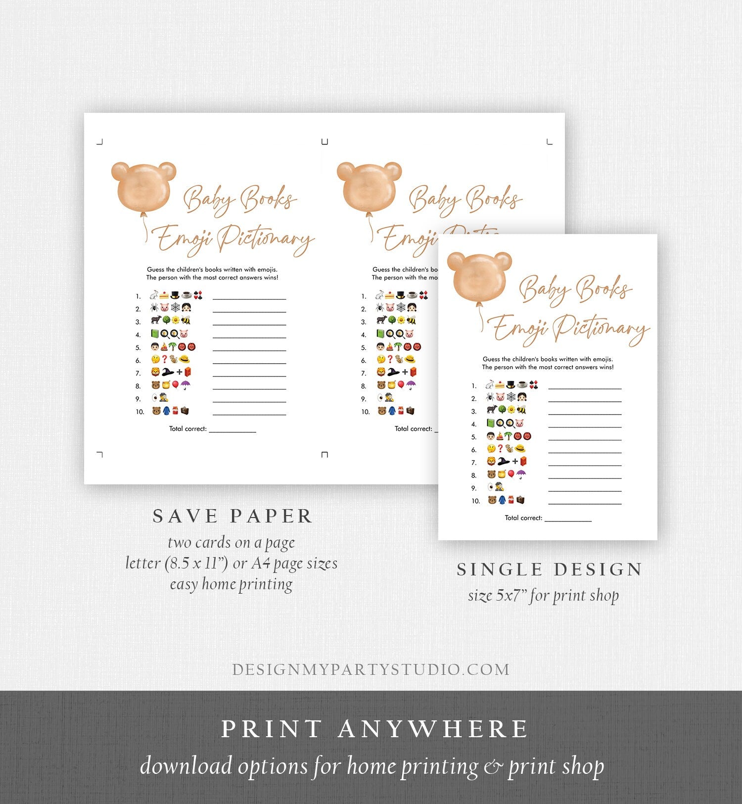 Editable Emoji Pictionary Baby Shower Game Modern Bear Cute Teddy Bear Baby Shower Boho Bearly Wait Activity Corjl Template Printable 0439