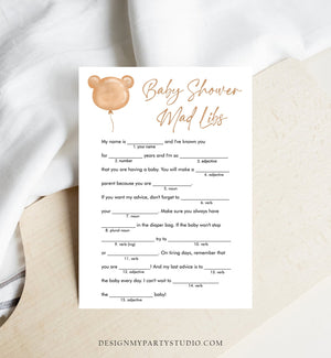 Editable Mad LIbs Baby Shower Game Modern Bear Cute Teddy Bear Baby Shower Boho Bearly Wait Activity Cute Corjl Template Printable 0439