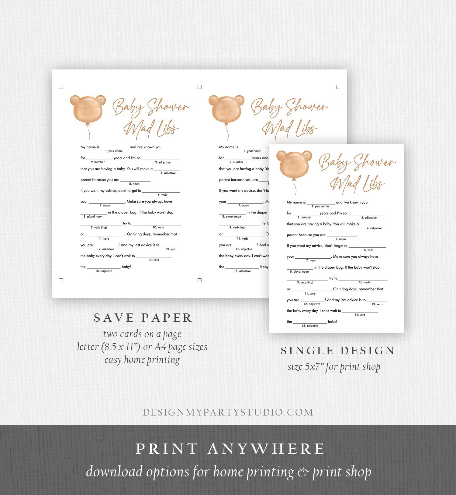 Editable Mad LIbs Baby Shower Game Modern Bear Cute Teddy Bear Baby Shower Boho Bearly Wait Activity Cute Corjl Template Printable 0439