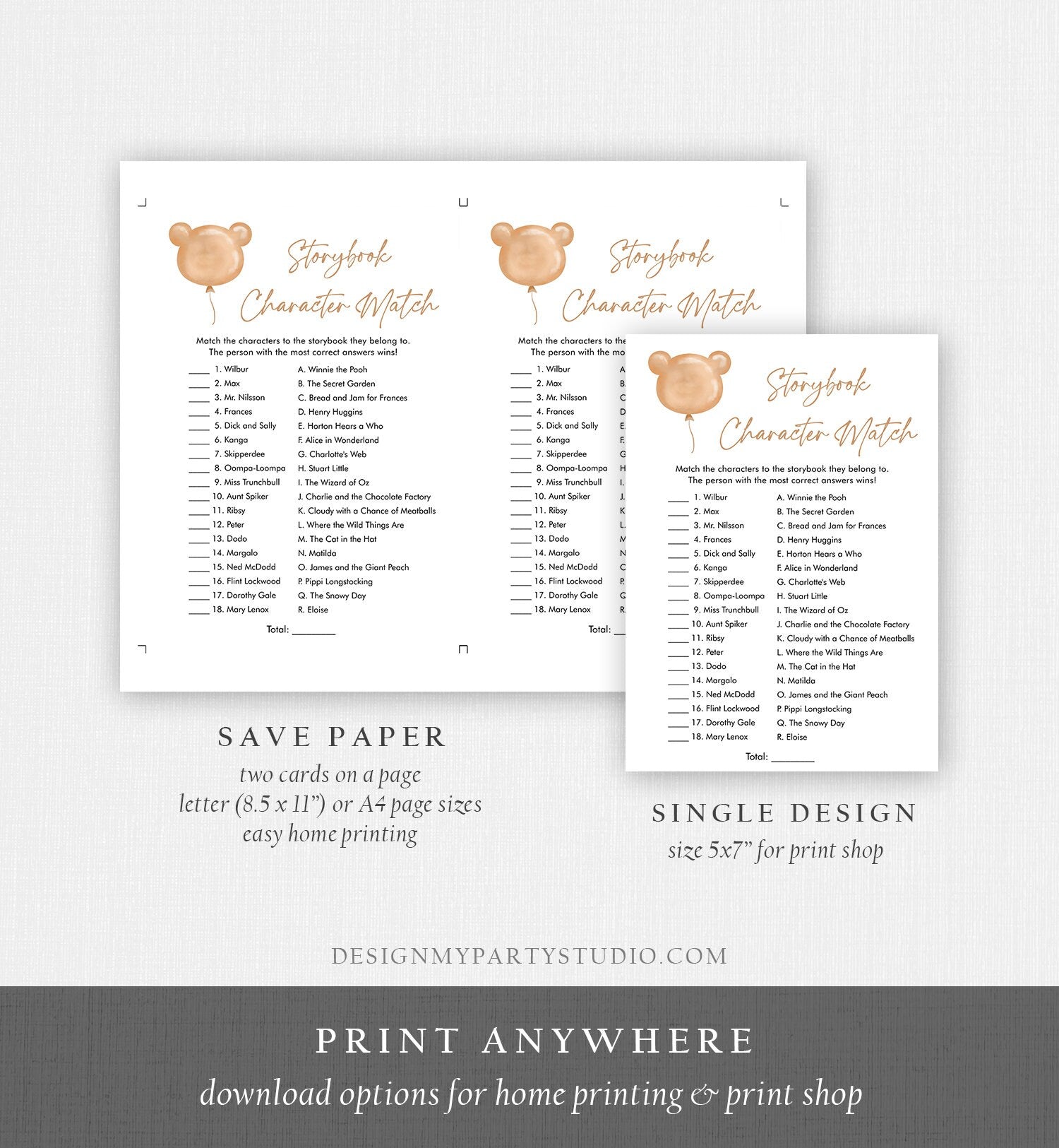 Editable Storybook Character Match Game Baby Shower Game Modern Bear Teddy Bear Shower Bearly Wait Boy Girl Corjl Template Printable 0439