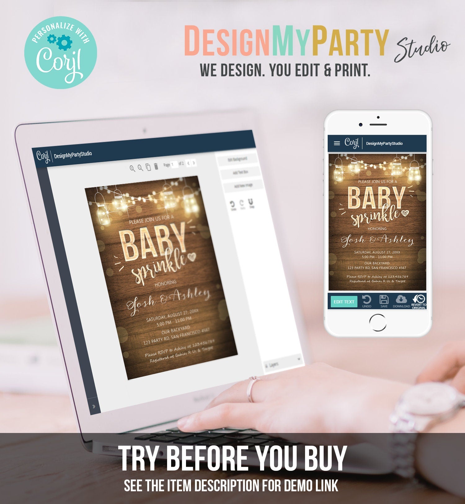 Editable Baby Sprinkle Invitation Rustic Wood Lights Jars Coed Shower Shower BBQ Gender Neutral Download Corjl Template Printable 0015