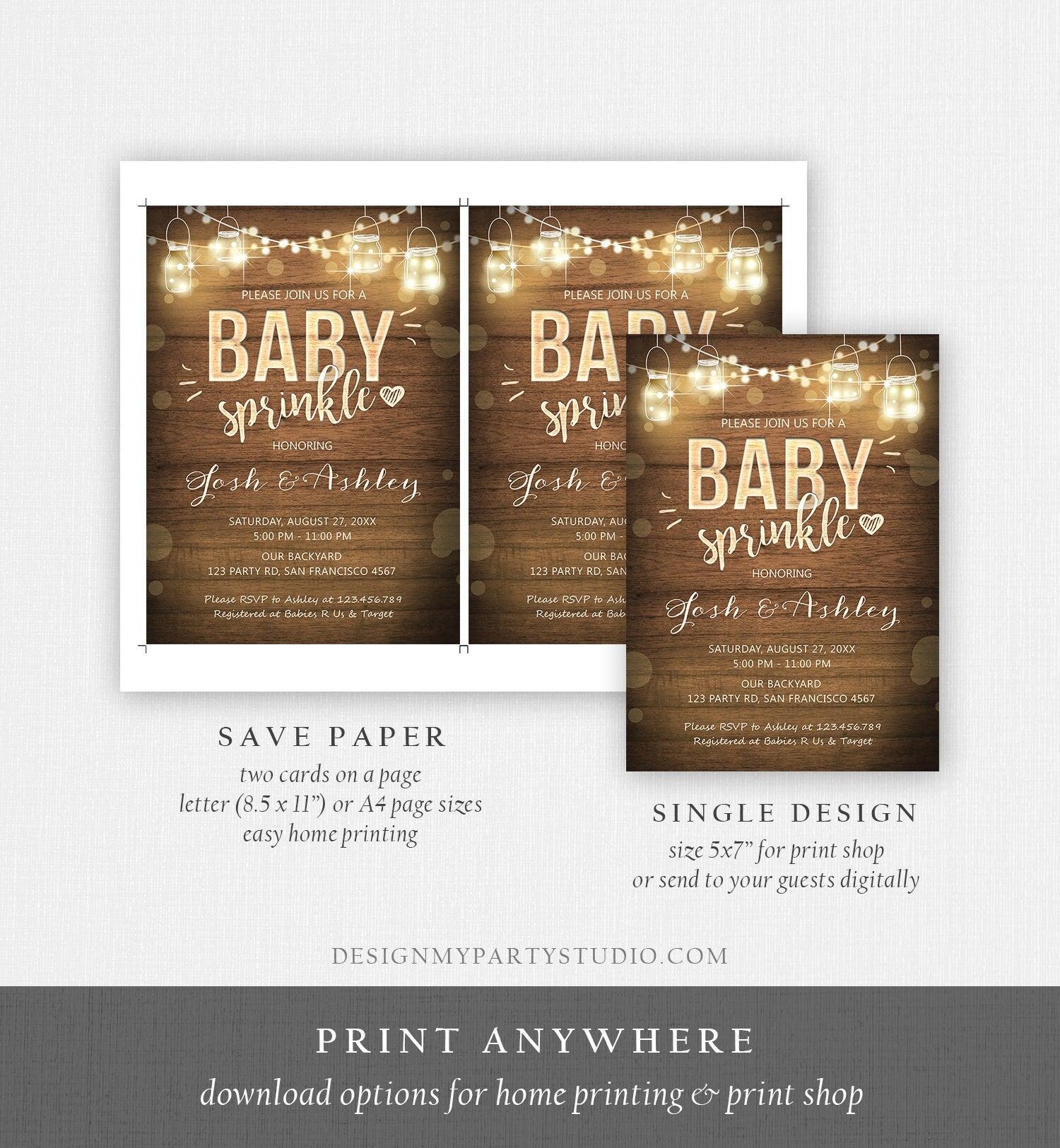 Editable Baby Sprinkle Invitation Rustic Wood Lights Jars Coed Shower Shower BBQ Gender Neutral Download Corjl Template Printable 0015