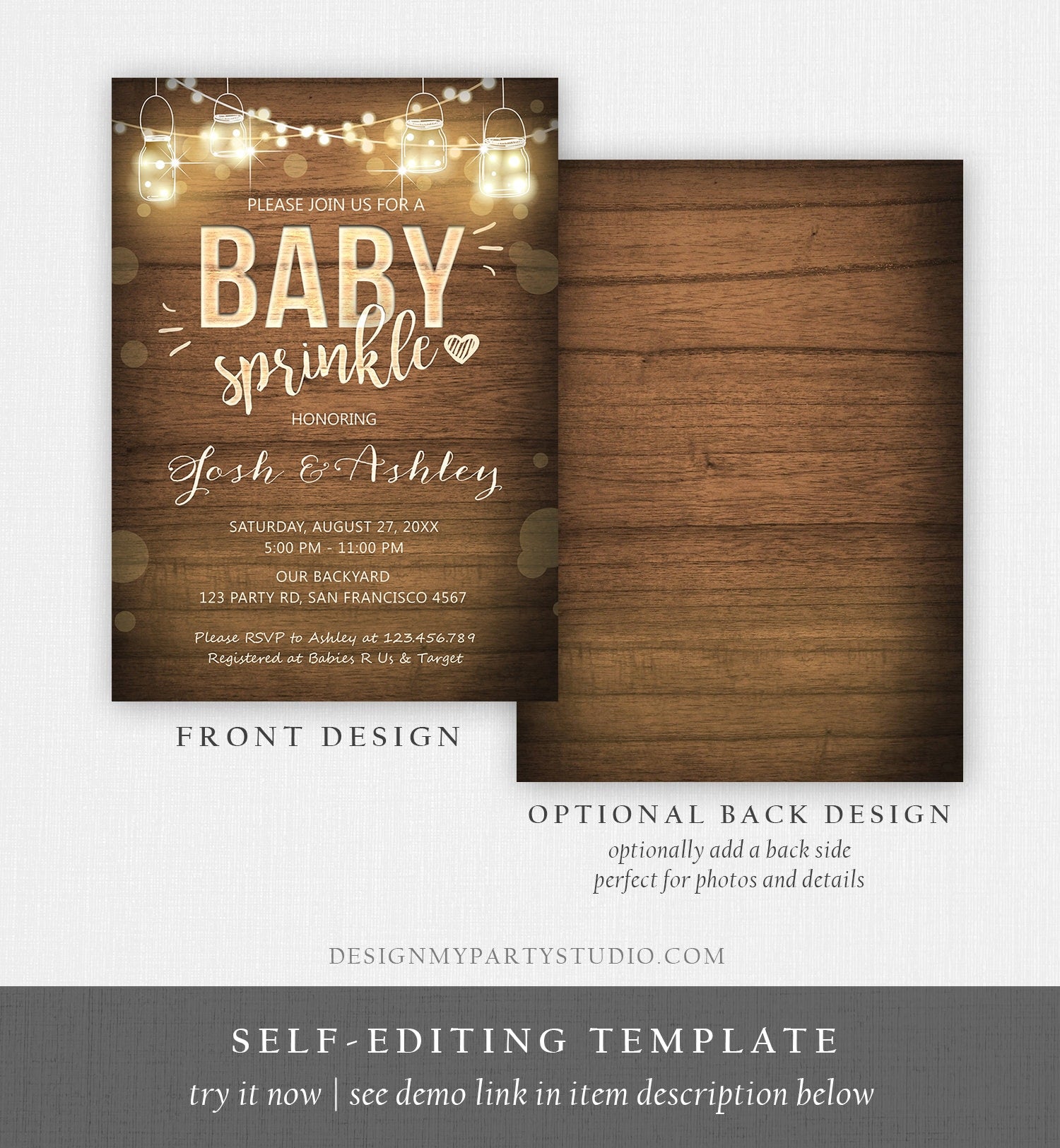 Editable Baby Sprinkle Invitation Rustic Wood Lights Jars Coed Shower Shower BBQ Gender Neutral Download Corjl Template Printable 0015