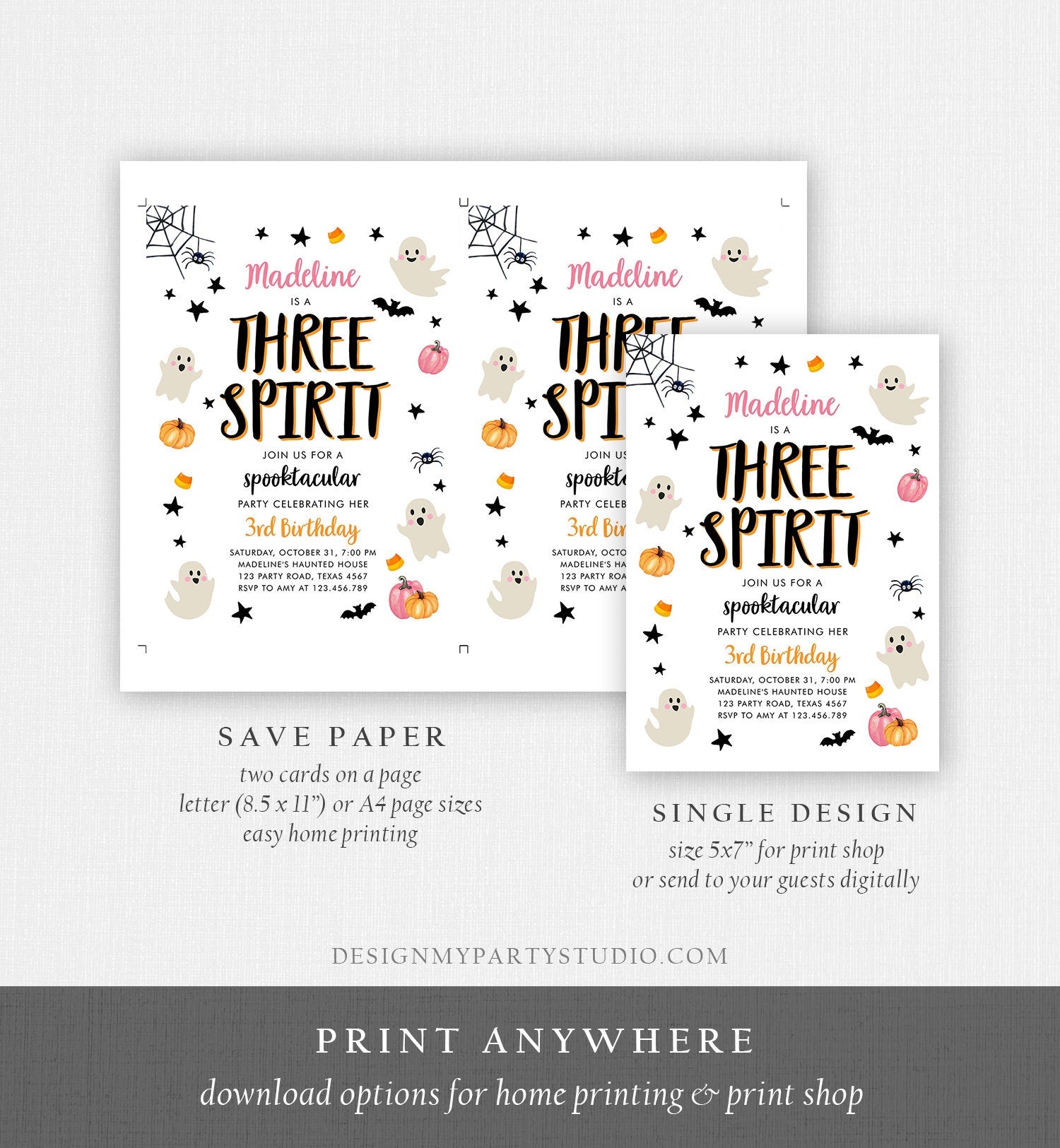 Editable Halloween Birthday Invitation Pink Ghost Three Spirit 3rd Birthday Party Spooktacular Spooky Download Printable Template Corjl 0418