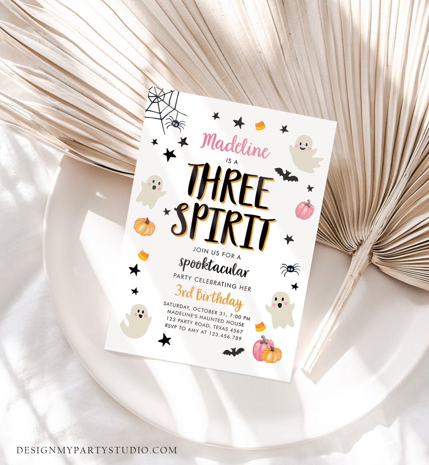 Editable Halloween Birthday Invitation Pink Ghost Three Spirit 3rd Birthday Party Spooktacular Spooky Download Printable Template Corjl 0418