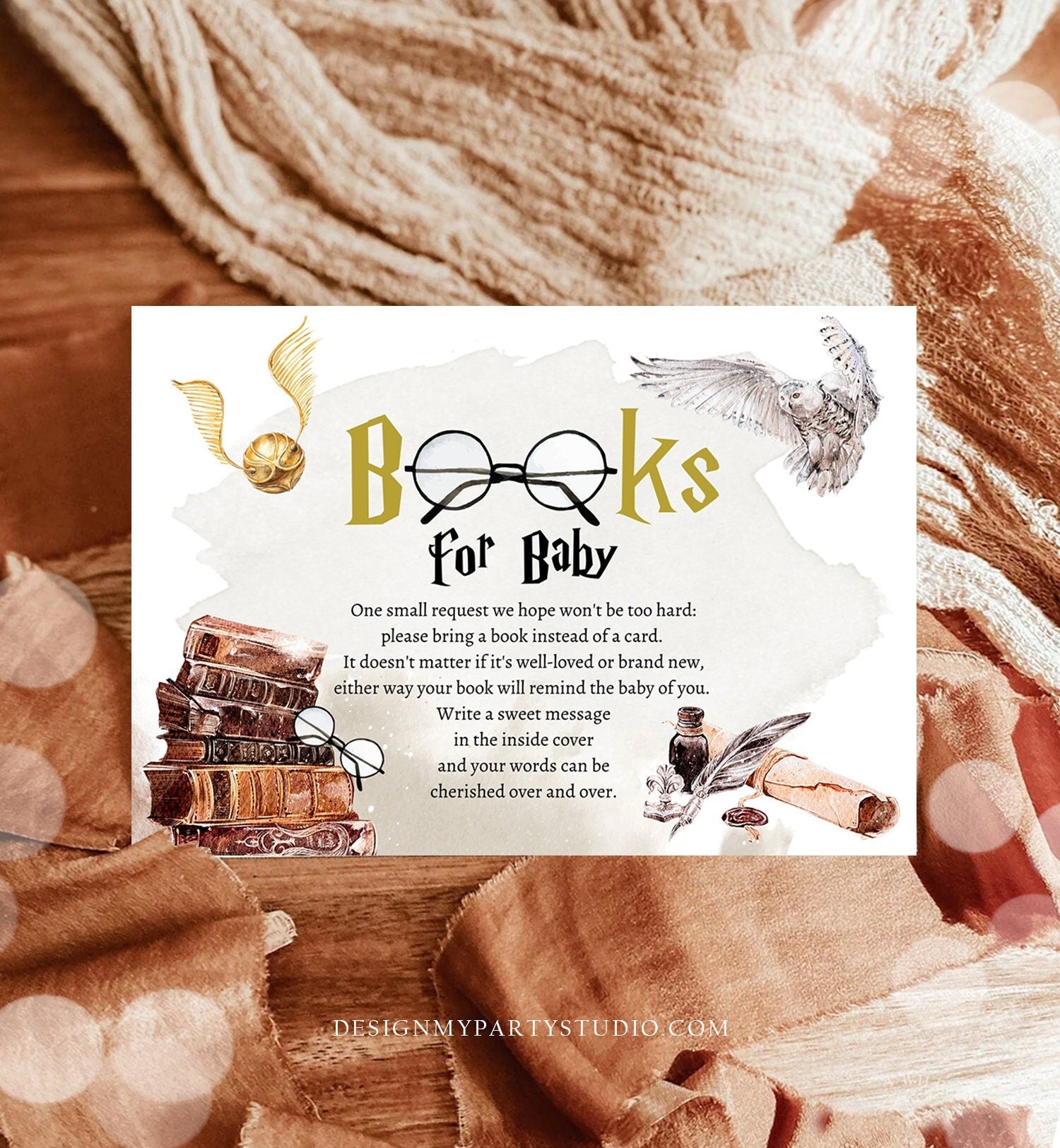 Editable Wizard Baby Shower Bring a Book Card Magical Baby Shower Magical Bundle Watercolor Gender Neutral Book Insert Corjl Template 0440