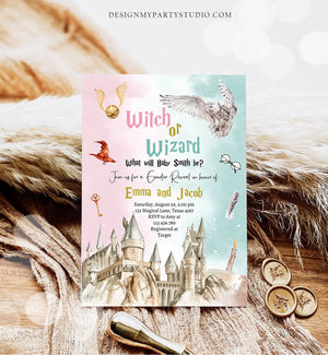 Editable Witch or Wizard Gender Reveal Invitation Magical Invite Boy or Girl He or She Wizard Download Printable Template Digital Corjl 0440