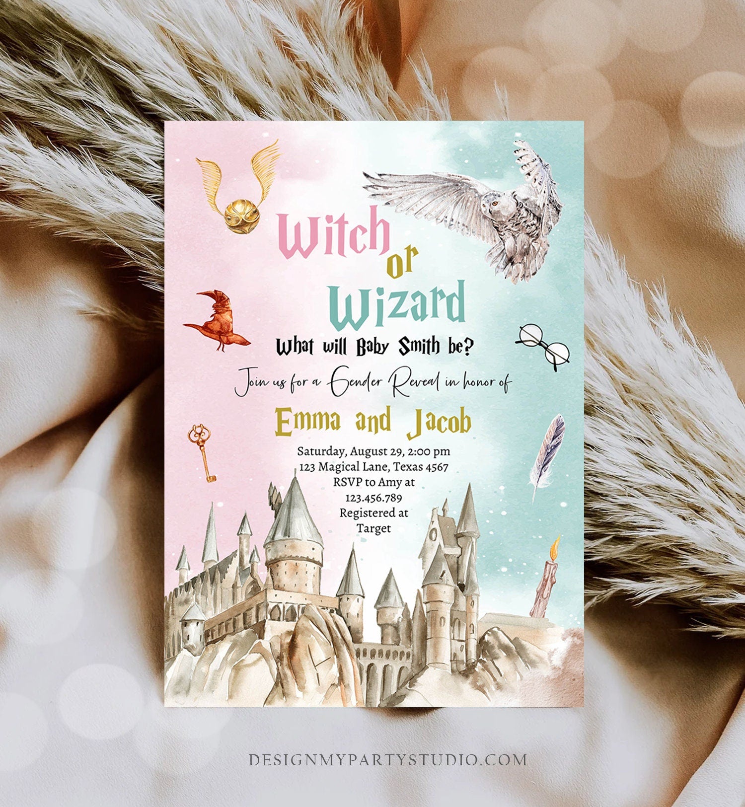 Editable Witch or Wizard Gender Reveal Invitation Magical Invite Boy or Girl He or She Wizard Download Printable Template Digital Corjl 0440