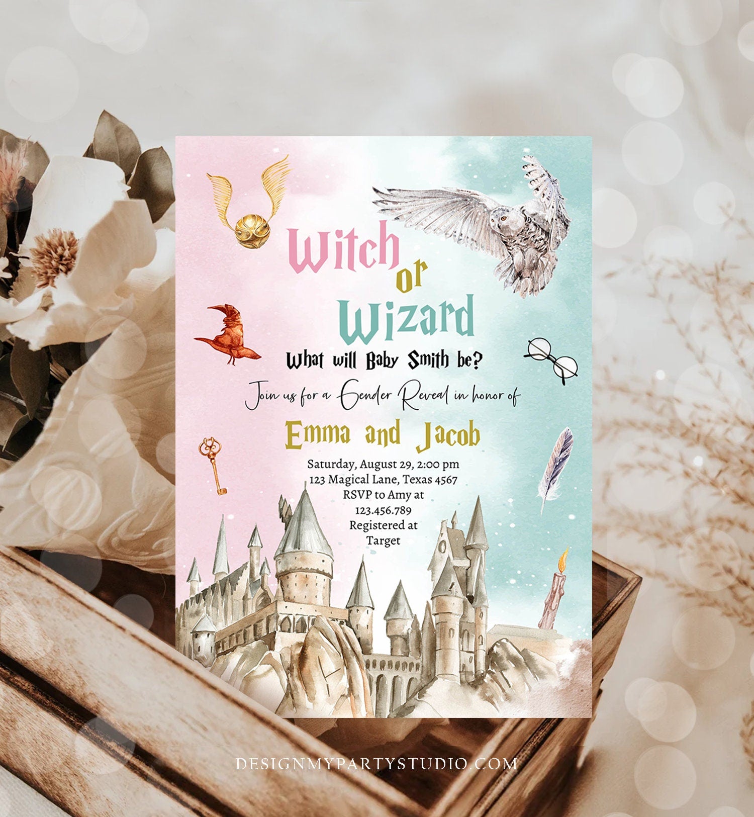 Editable Witch or Wizard Gender Reveal Invitation Magical Invite Boy or Girl He or She Wizard Download Printable Template Digital Corjl 0440