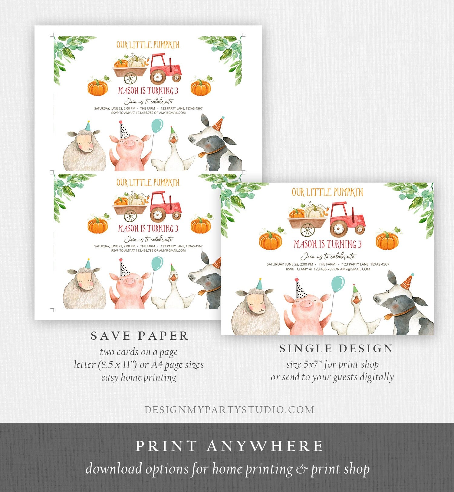 Editable Farm Birthday Invitation Pumpkin Boy Farm Animals Boy Barnyard Fall Red Tractor Download Printable Invitation Template Digital 0155