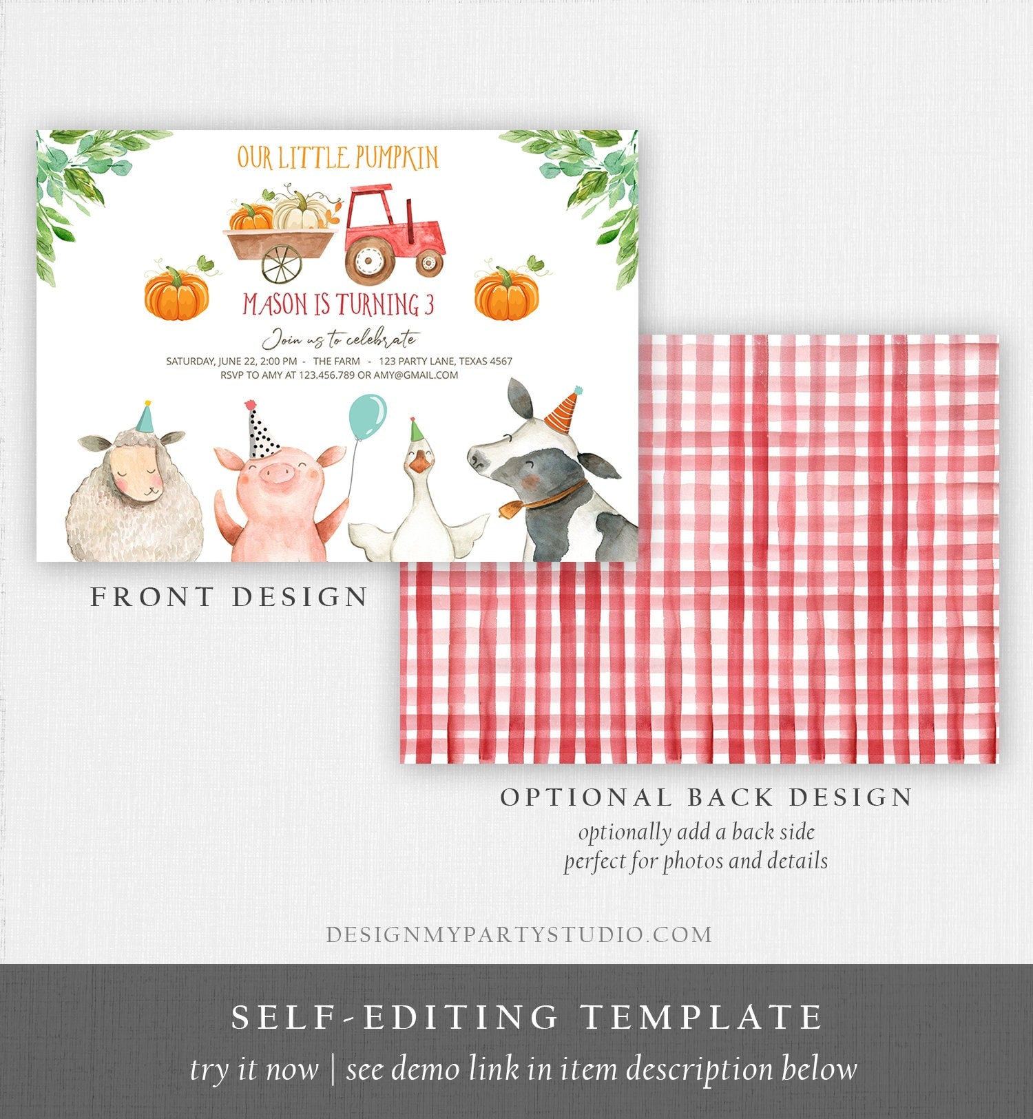 Editable Farm Birthday Invitation Pumpkin Boy Farm Animals Boy Barnyard Fall Red Tractor Download Printable Invitation Template Digital 0155