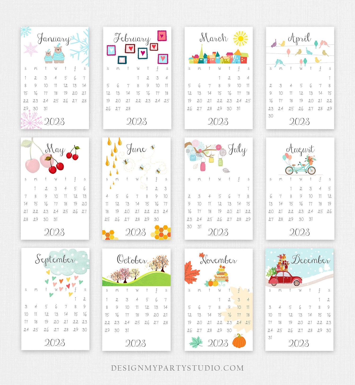 PRINTABLE 2023 Calendar Wall Calendar Desk Calendar Classroom School Calendar 4x6 Month Year Seasons Colorful Digital Instant Download DIY