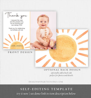 Editable Sun Thank You Card Sun Birthday Party Thank You Note Sunshine 1st Trip Around the Sun First Printable Template Corjl Digital 0431