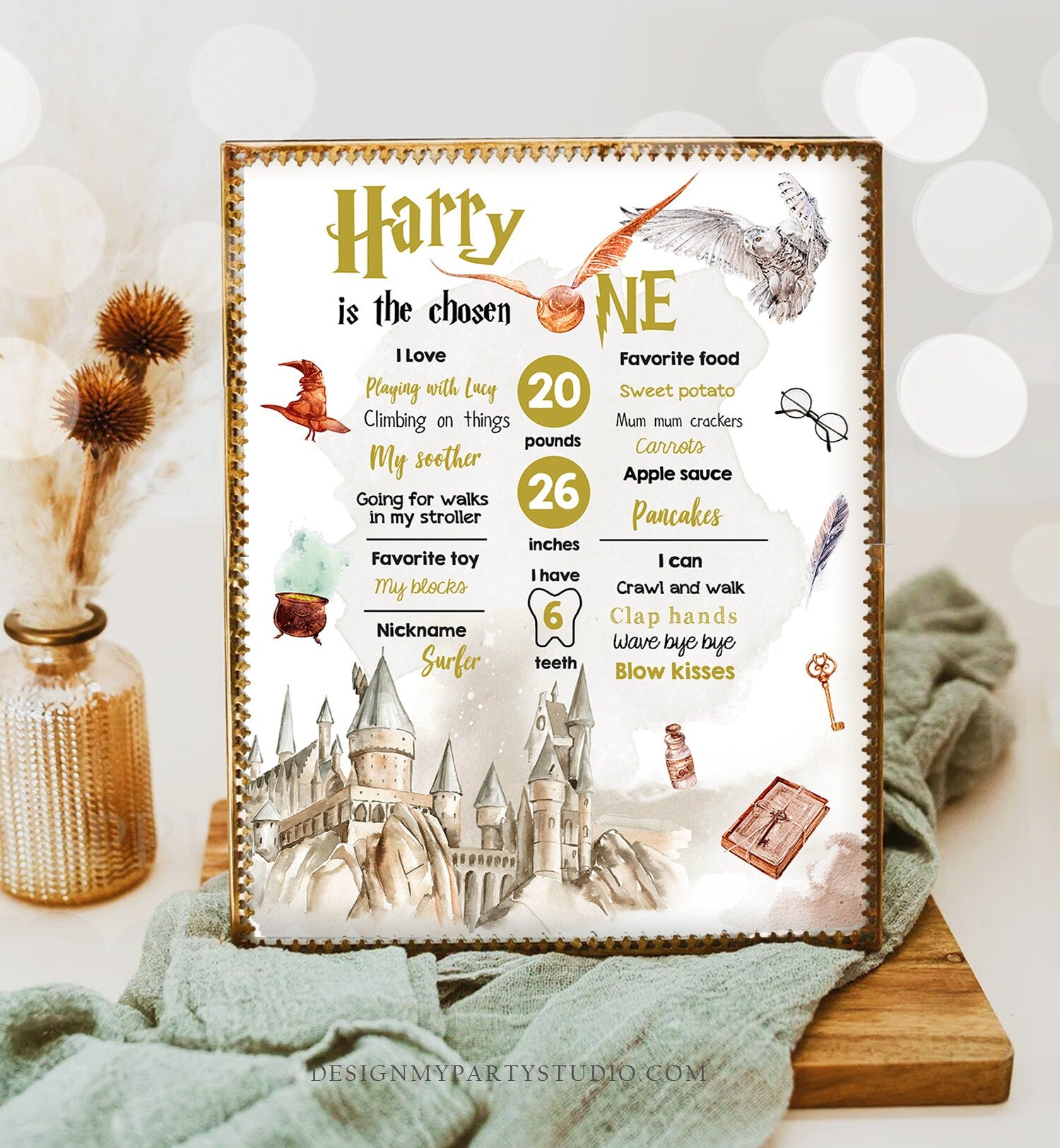 Editable Wizard Birthday Milestones Sign The Chosen One 1st Birthday Wizardry Magic School Owl Castle Neutral Template Printable Corjl 0440