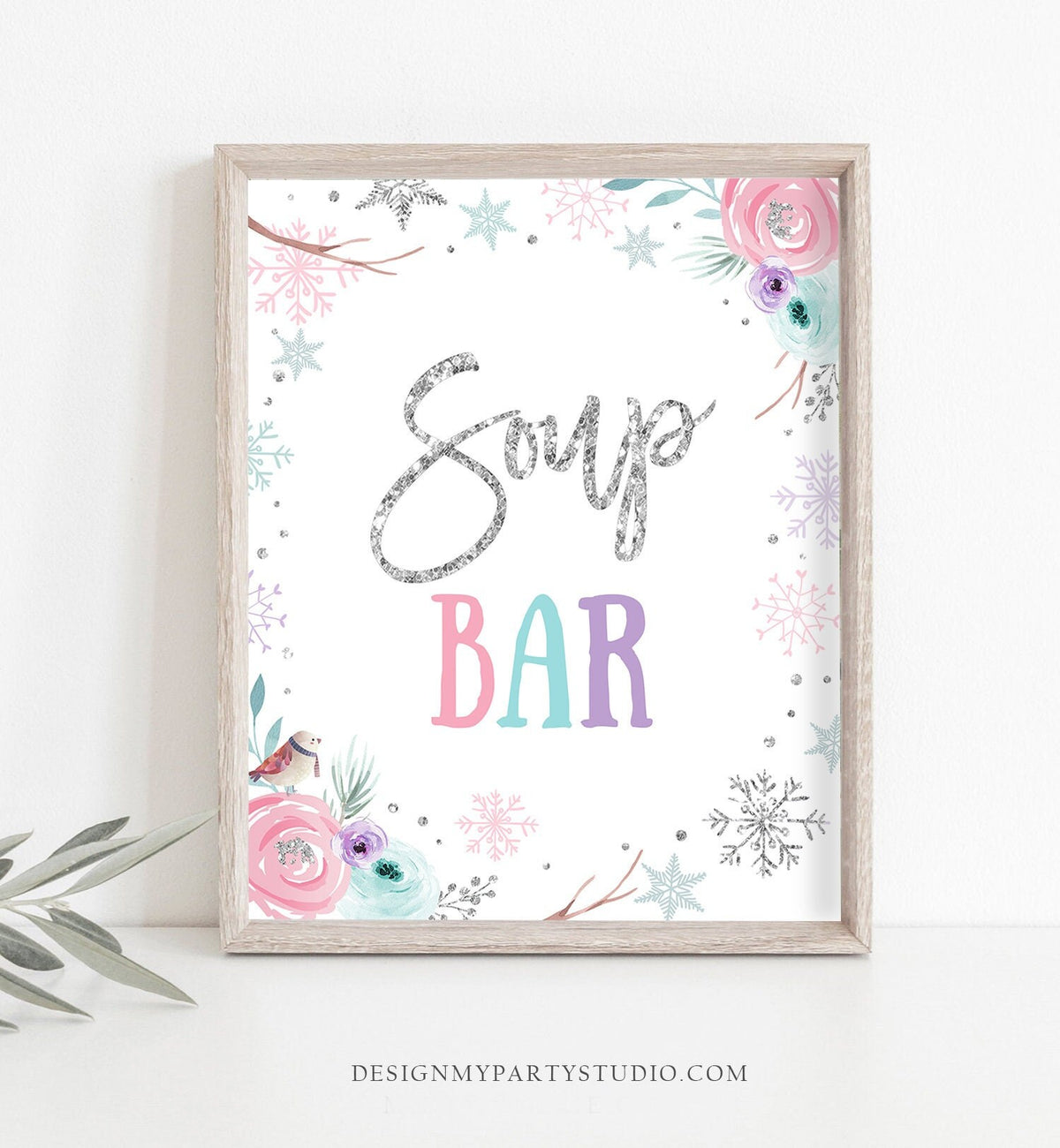 Soup Bar Sign Winter Wonderland Onederland Birthday Decor Food Table Girl Pink Silver Snowflakes Floral Download Printable 0256