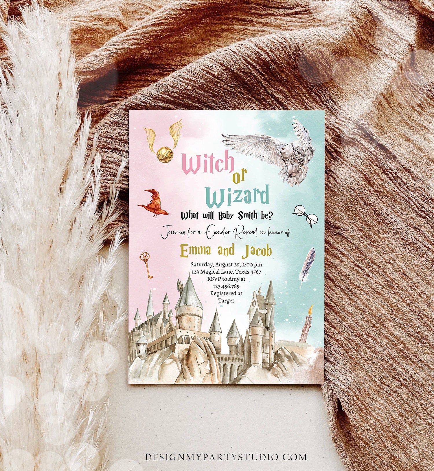 Editable Witch or Wizard Gender Reveal Invitation Magical Invite Boy or Girl He or She Wizard Download Printable Template Digital Corjl 0440