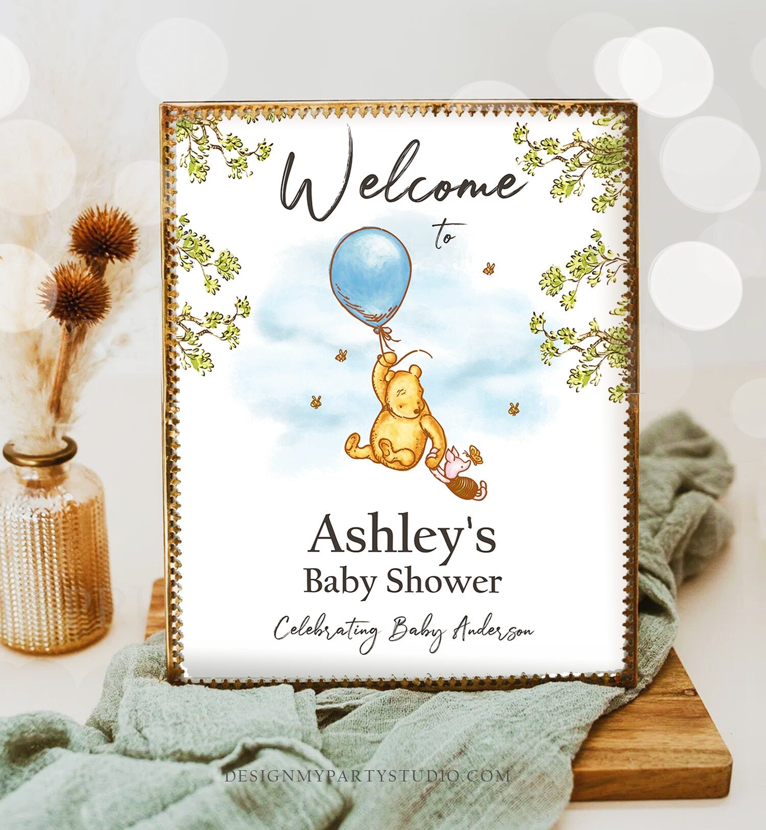 Editable Winnie The Pooh Welcome Sign Pooh Baby Shower Boy Blue Classi ...