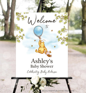 Editable Winnie The Pooh Welcome Sign Pooh Baby Shower Boy Blue Classic Winnie The Pooh Party Boy Decor Corjl Template Printable 0425