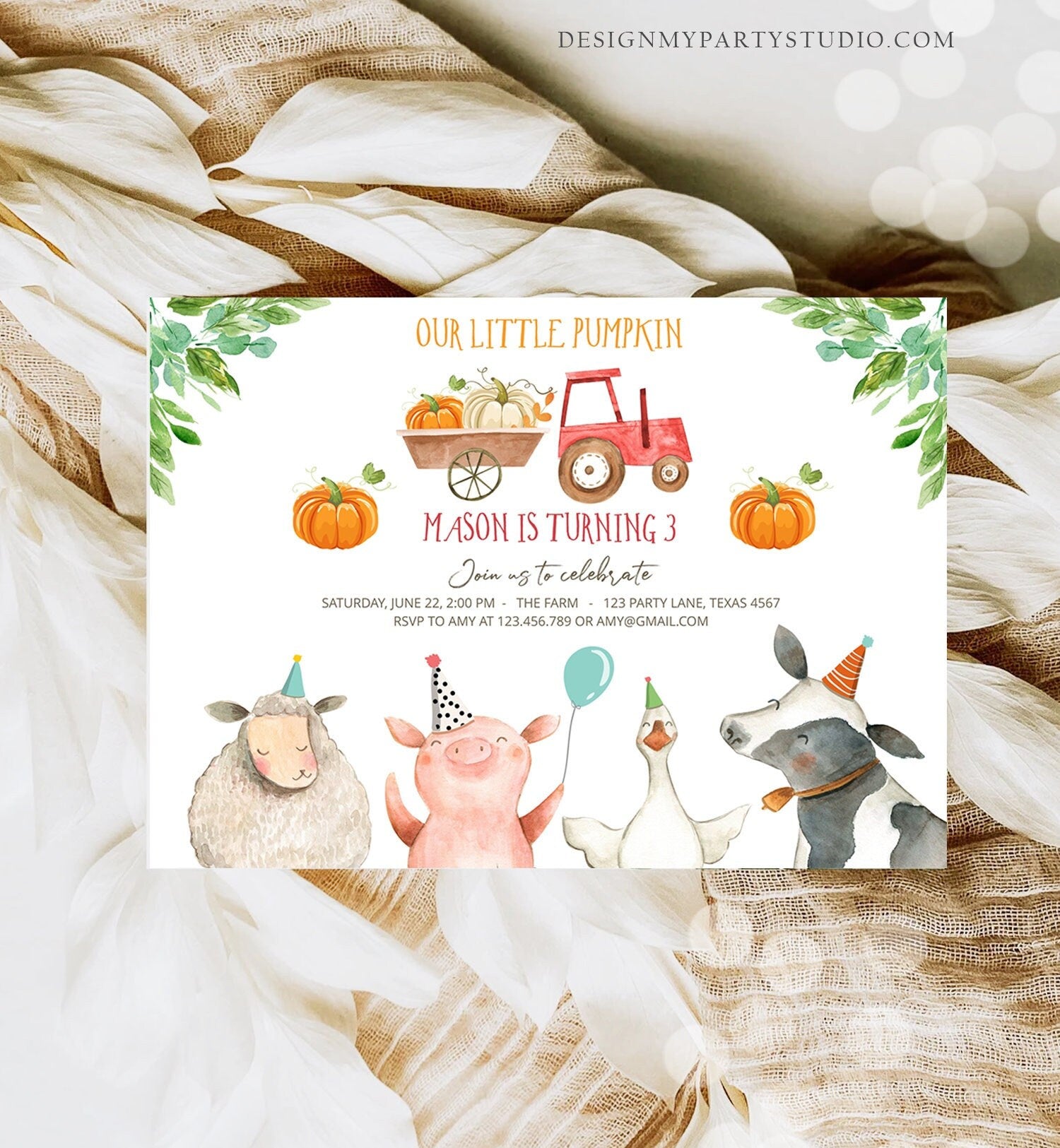 Editable Farm Birthday Invitation Pumpkin Boy Farm Animals Boy Barnyard Fall Red Tractor Download Printable Invitation Template Digital 0155