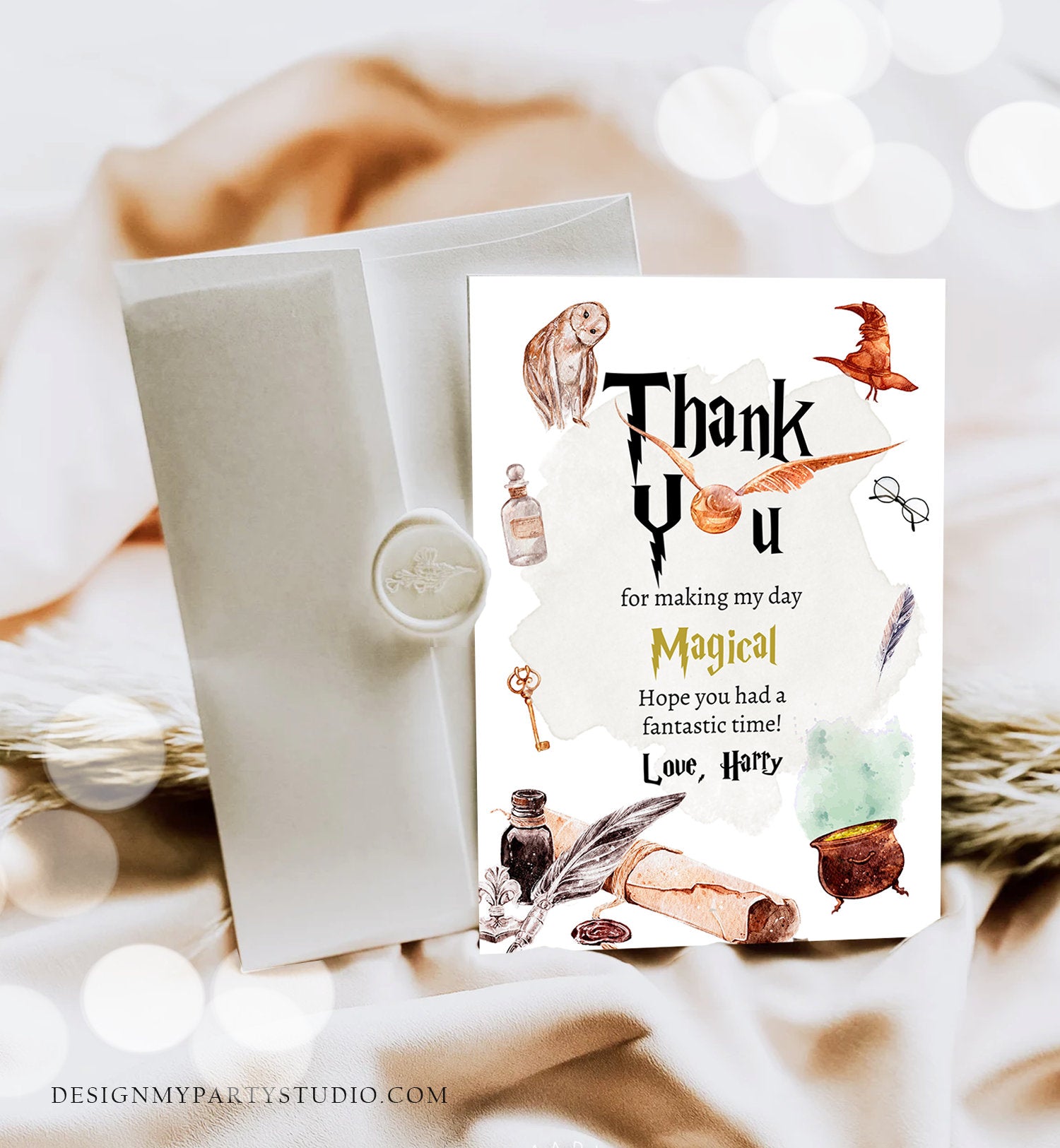 Editable Wizard Thank You Card Wizard Birthday The Chosen One Magical Celebration Wizardry School Boy Printable Corjl Template Digital 0440