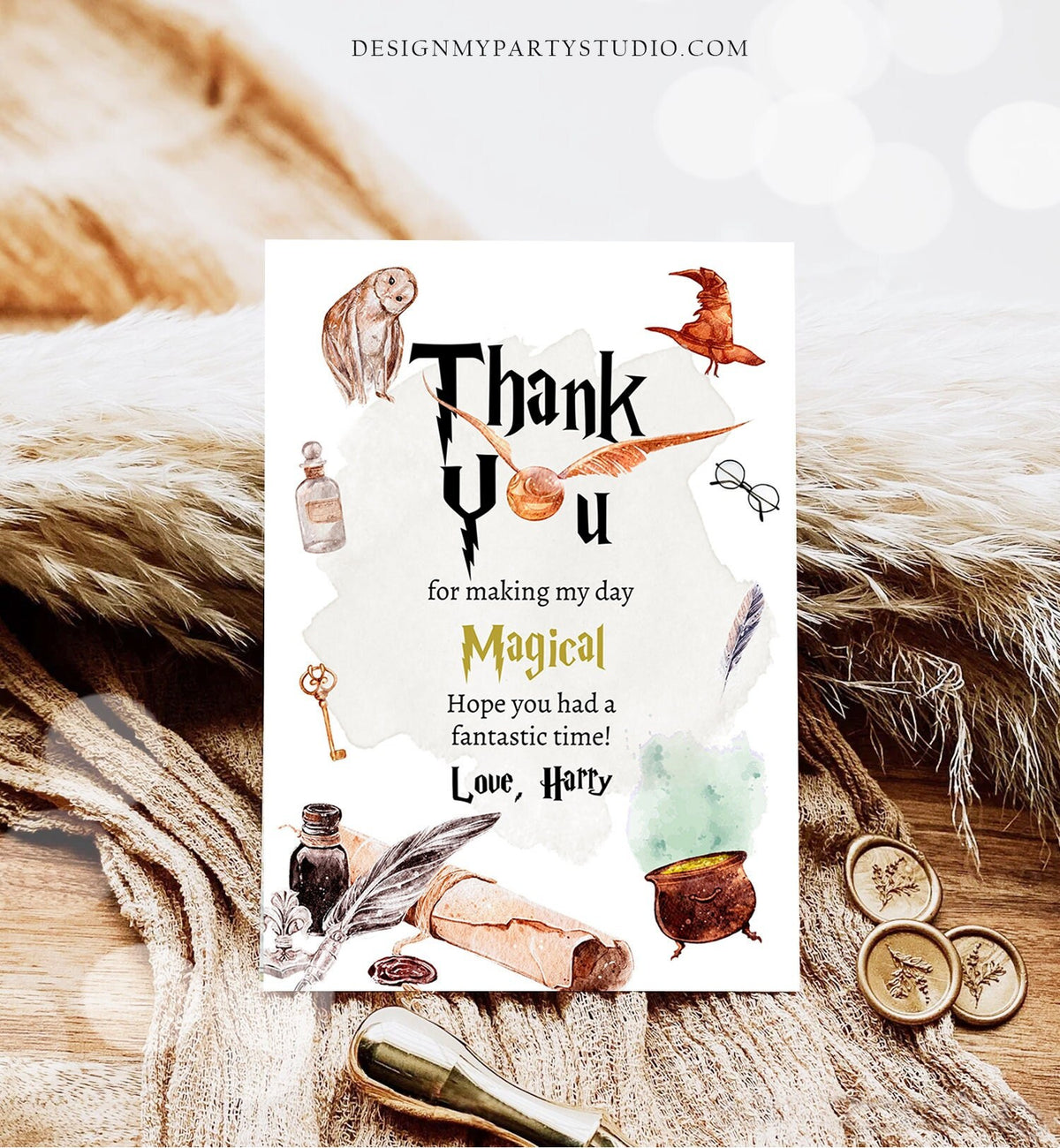 Editable Wizard Thank You Card Wizard Birthday The Chosen One Magical Celebration Wizardry School Boy Printable Corjl Template Digital 0440