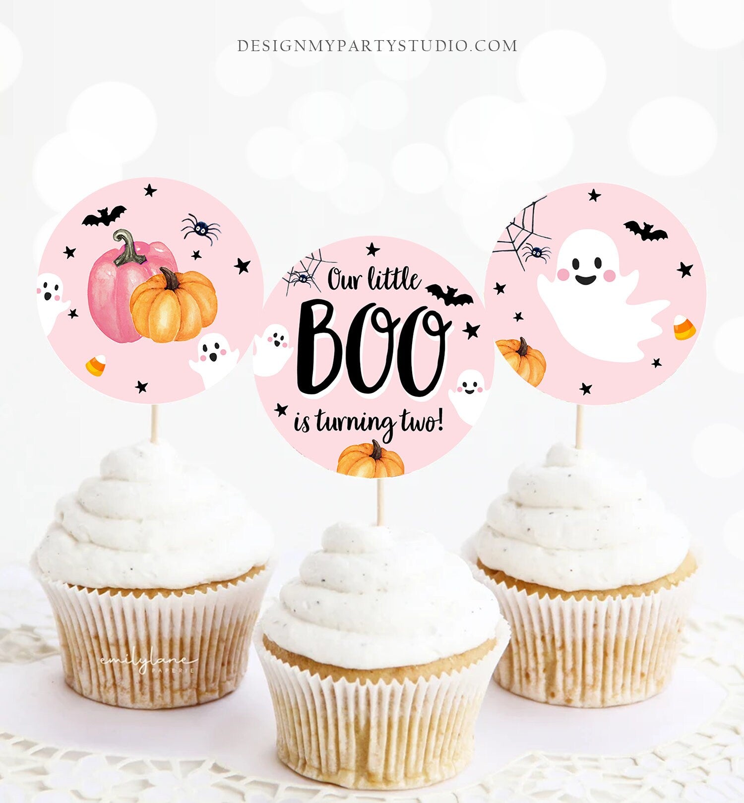 Little Boo is turning Two Birthday Cupcake Toppers Favor Tags Halloween Ghost Party 2nd Spooky Pink Girl Download Digital PRINTABLE 0418