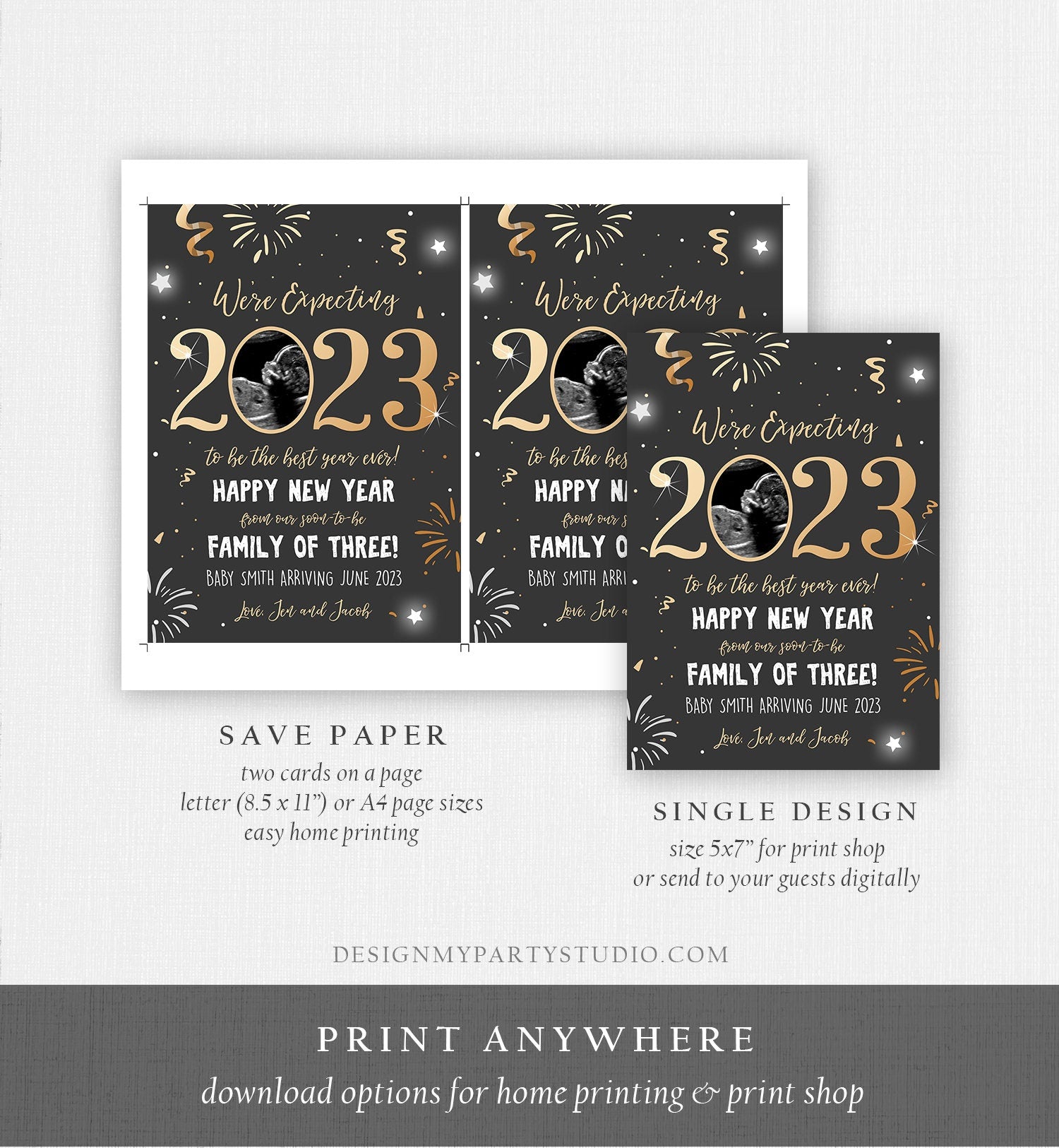 Editable New Year Pregnancy Reveal Card Pregnancy Announcement New Years 2023 Ultrasound Card Instant Download Digital Corjl Template 0280