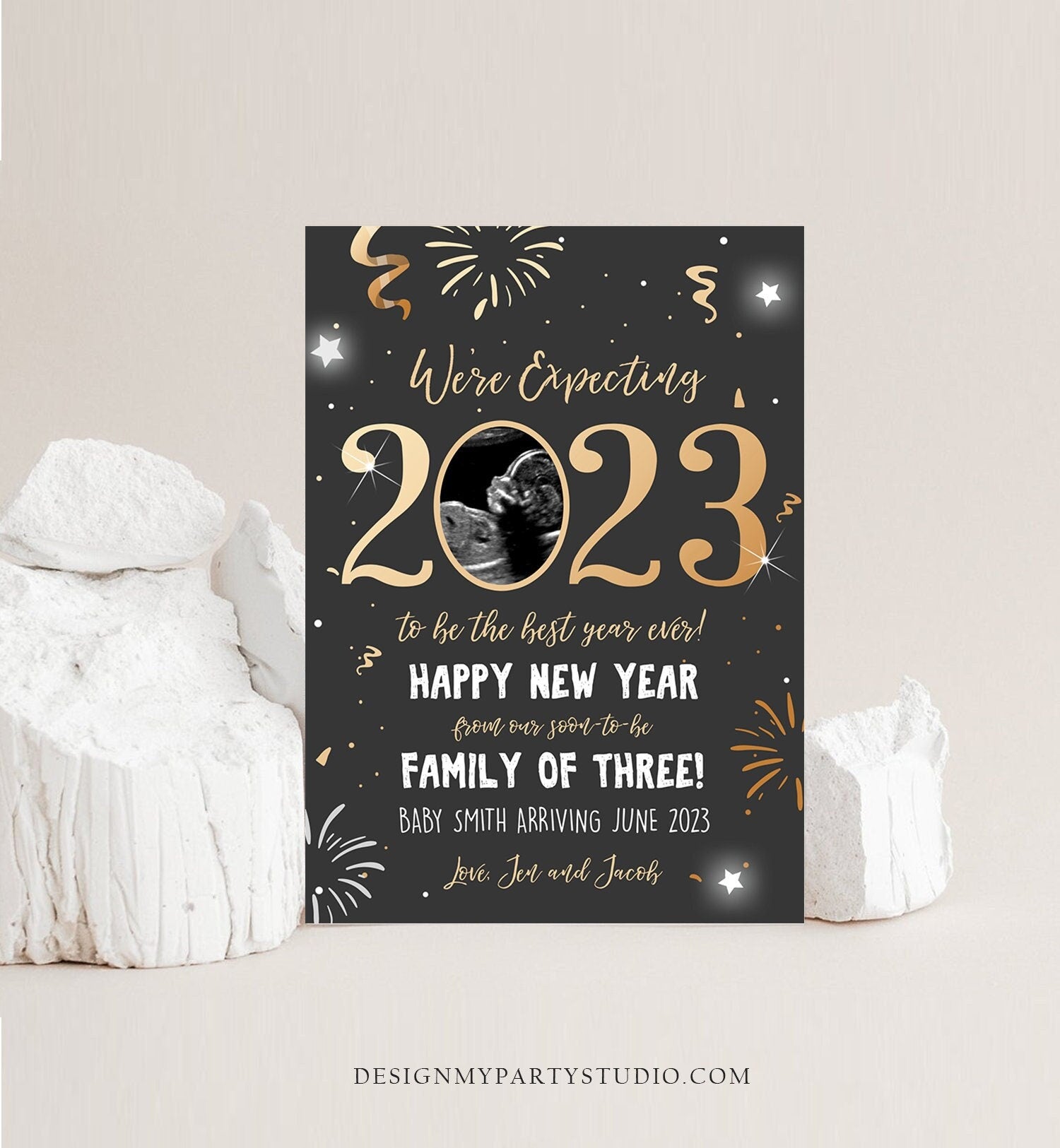 Editable New Year Pregnancy Reveal Card Pregnancy Announcement New Years 2023 Ultrasound Card Instant Download Digital Corjl Template 0280