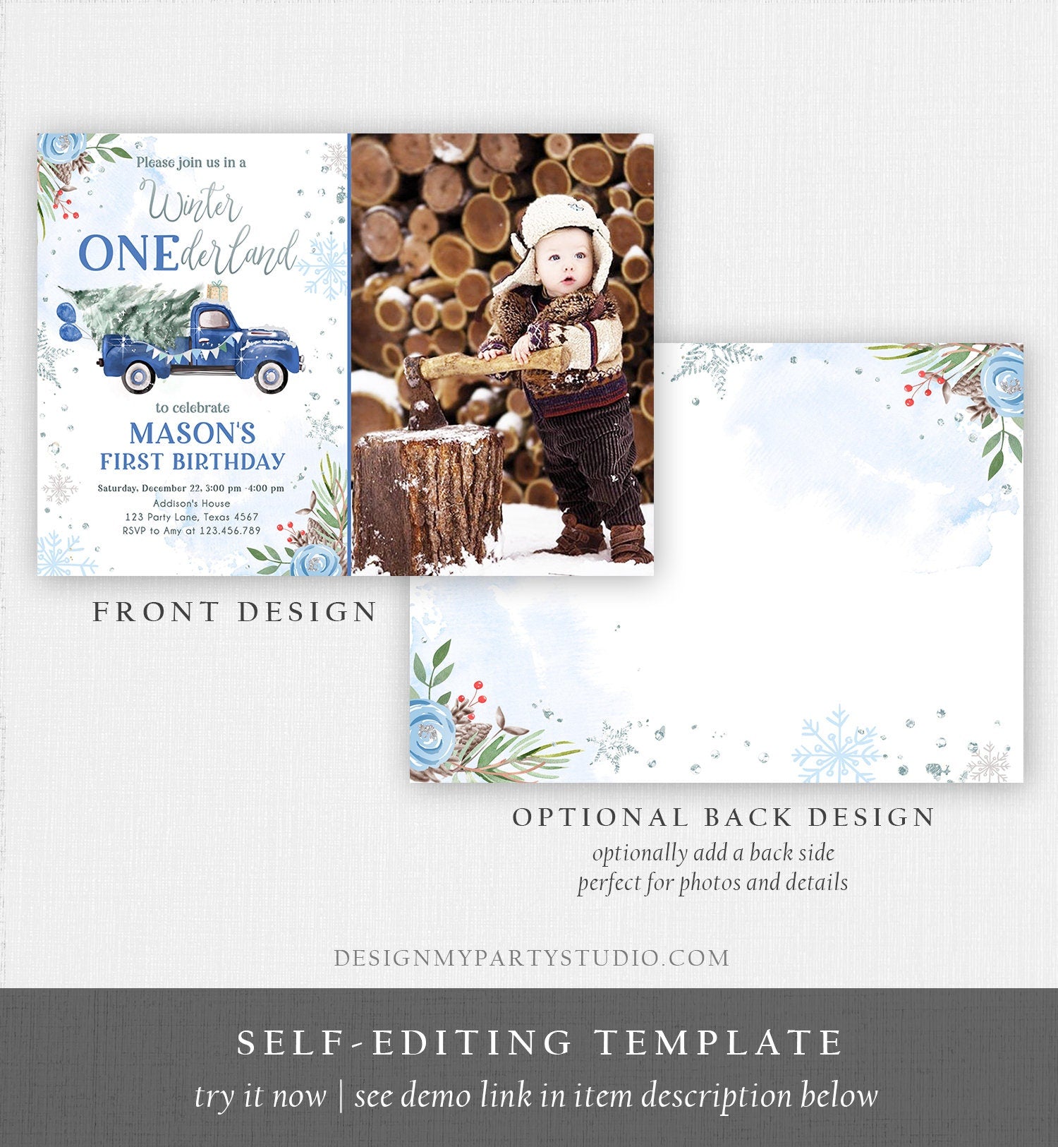 Editable Winter Onederland Winter First Birthday Invitation 1st Winter Blue Boy Silver Floral Truck Christmas Printable Template DIY 0356