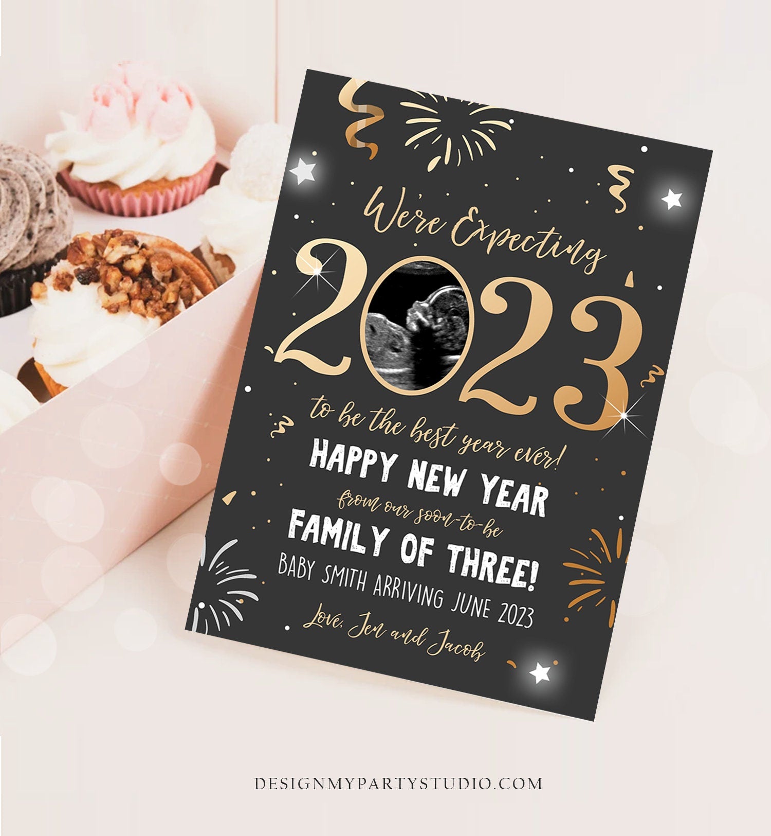 Editable New Year Pregnancy Reveal Card Pregnancy Announcement New Years 2023 Ultrasound Card Instant Download Digital Corjl Template 0280