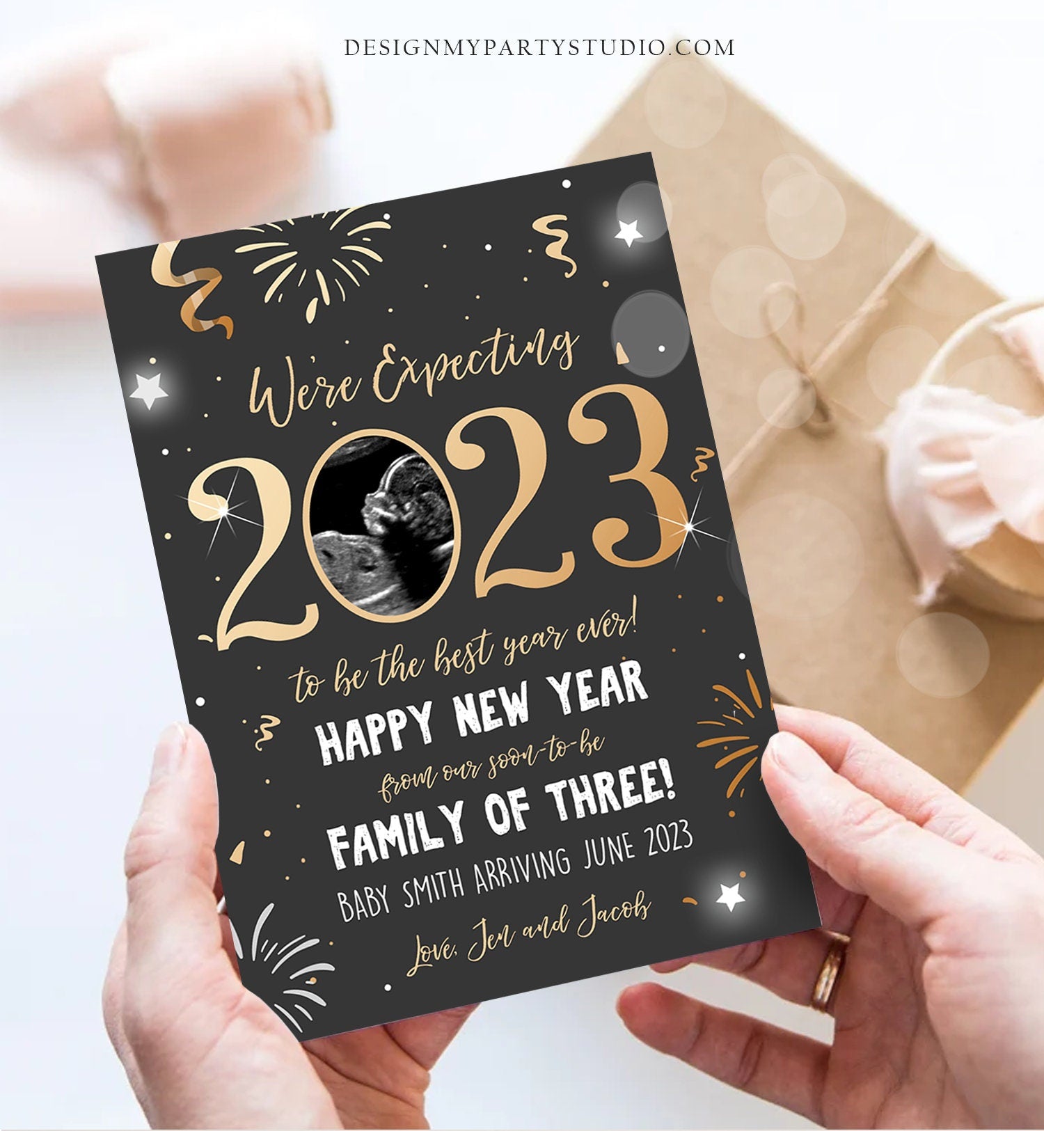 Editable New Year Pregnancy Reveal Card Pregnancy Announcement New Years 2023 Ultrasound Card Instant Download Digital Corjl Template 0280