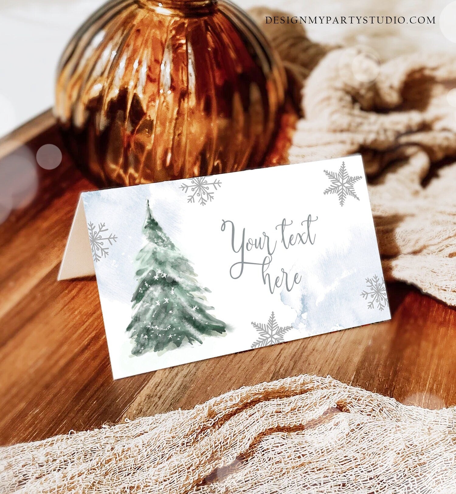 Editable Baby It's Cold Outside Tent Cards Winter Tree Labels Boy Birthday Baby Shower Place Cards Christmas Printable Template Corjl 0363