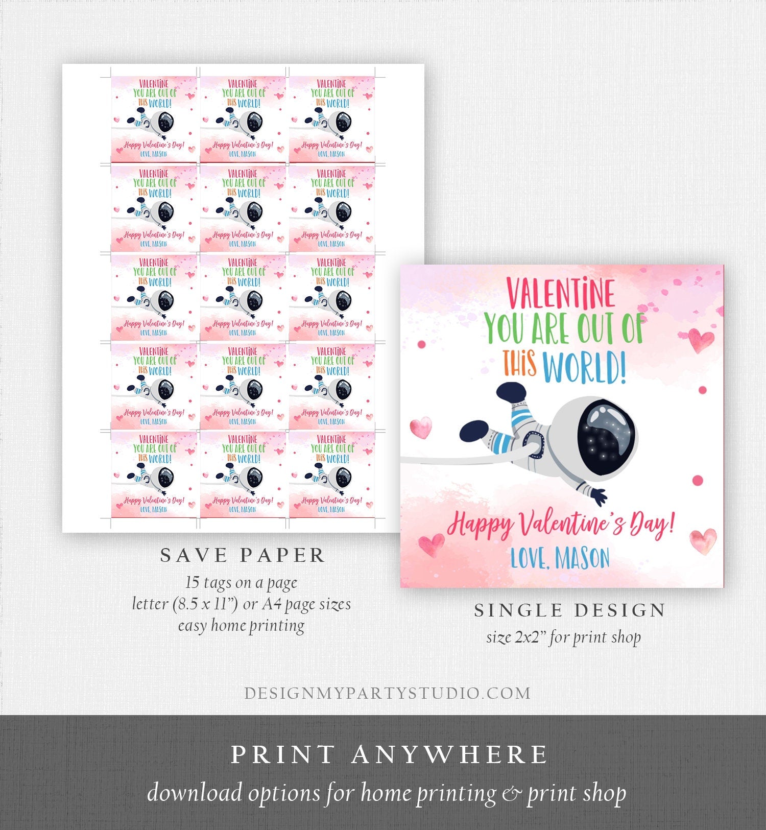 Editable Valentine You Are Out Of This World Favor Tag Thank You Space Astronaut Space Valentine's Day Sticker Kids School Printable 0370