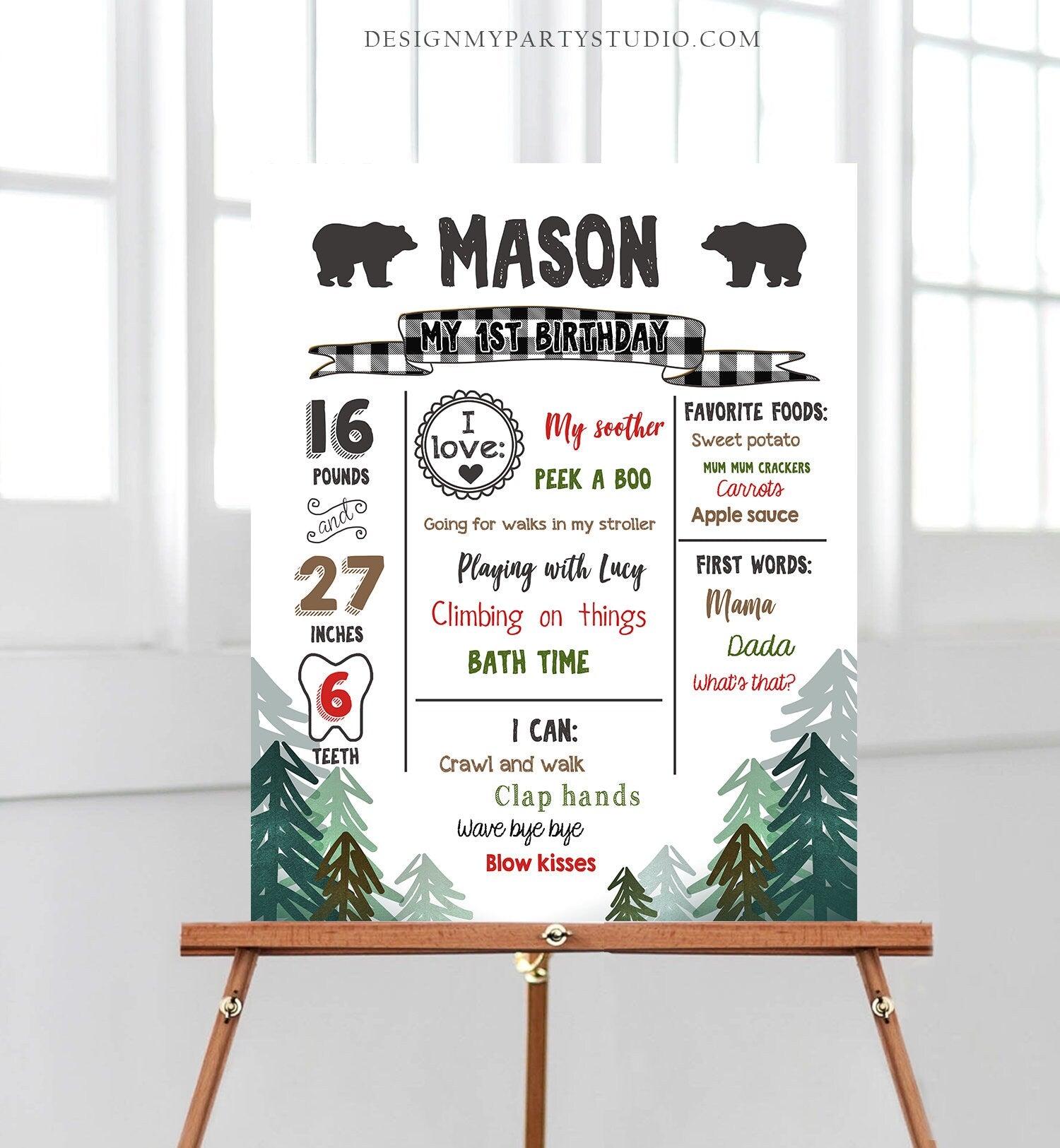 Editable Lumberjack Birthday Milestones Sign Pine Tree Stat Poster Infographic Woodland 1st Birthday Bear Template Printable Corjl 0377