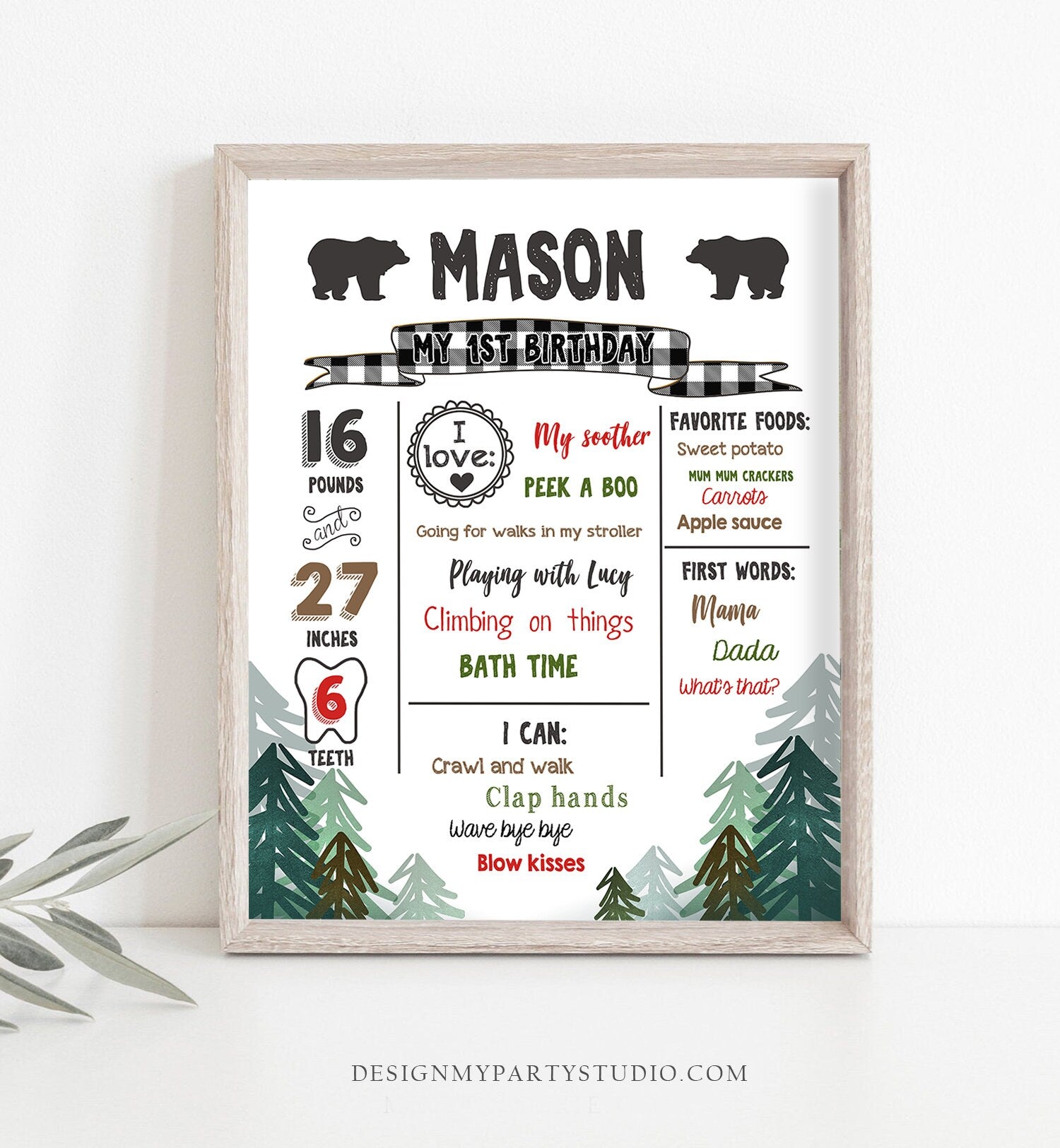 Editable Lumberjack Birthday Milestones Sign Pine Tree Stat Poster Infographic Woodland 1st Birthday Bear Template Printable Corjl 0377