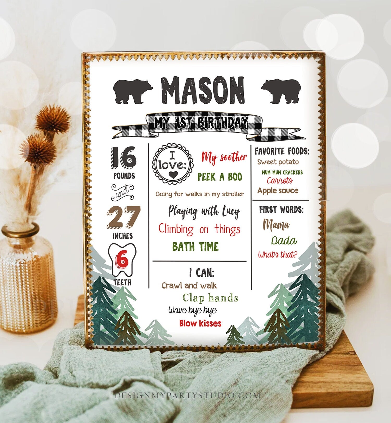 Editable Lumberjack Birthday Milestones Sign Pine Tree Stat Poster Infographic Woodland 1st Birthday Bear Template Printable Corjl 0377