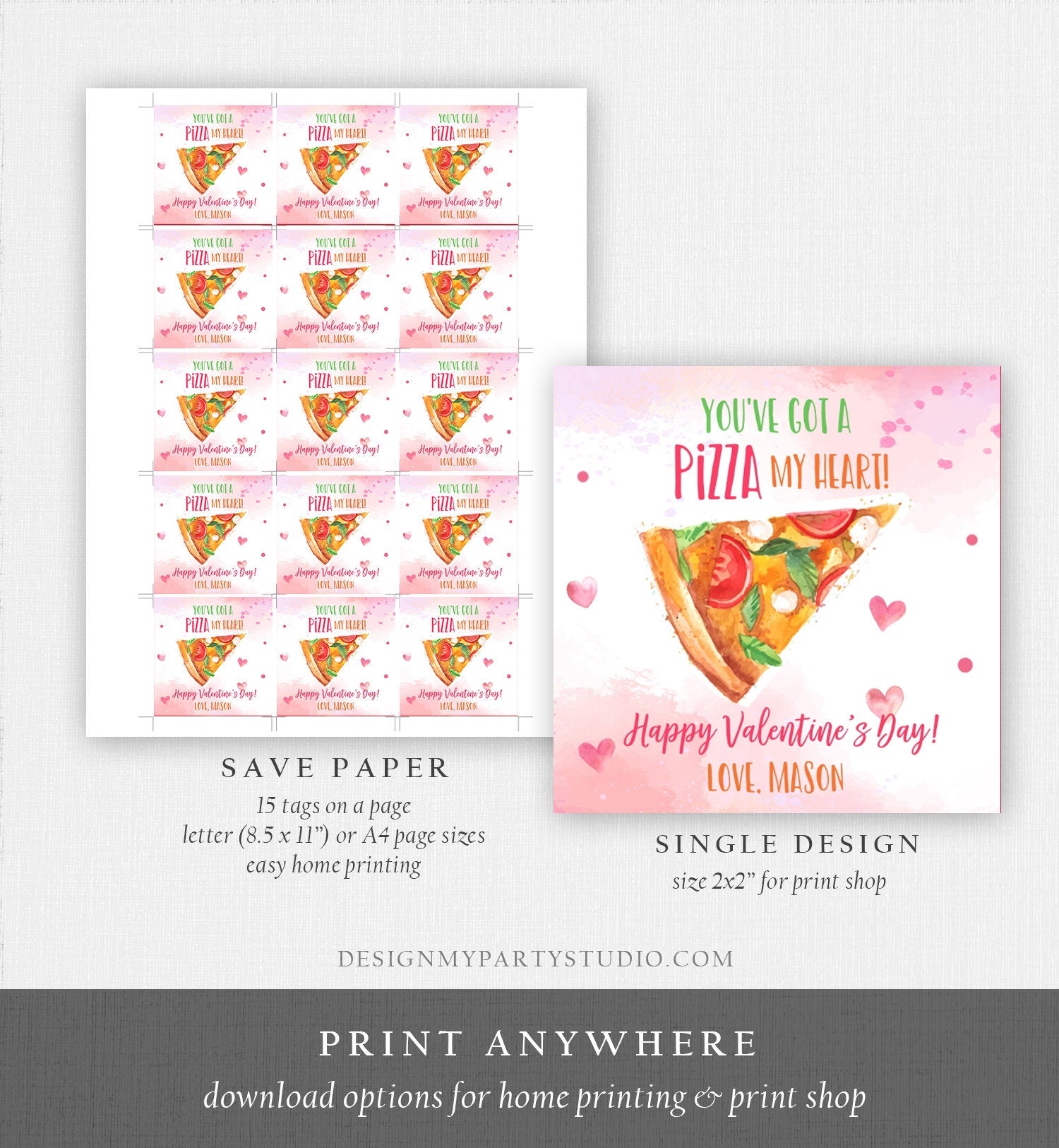 Editable Valentine You've Got A Pizza My Heart Favor Tag Cookie Tag Valentine's Day Sticker Kids School Pizza Tags Template Printable 0370