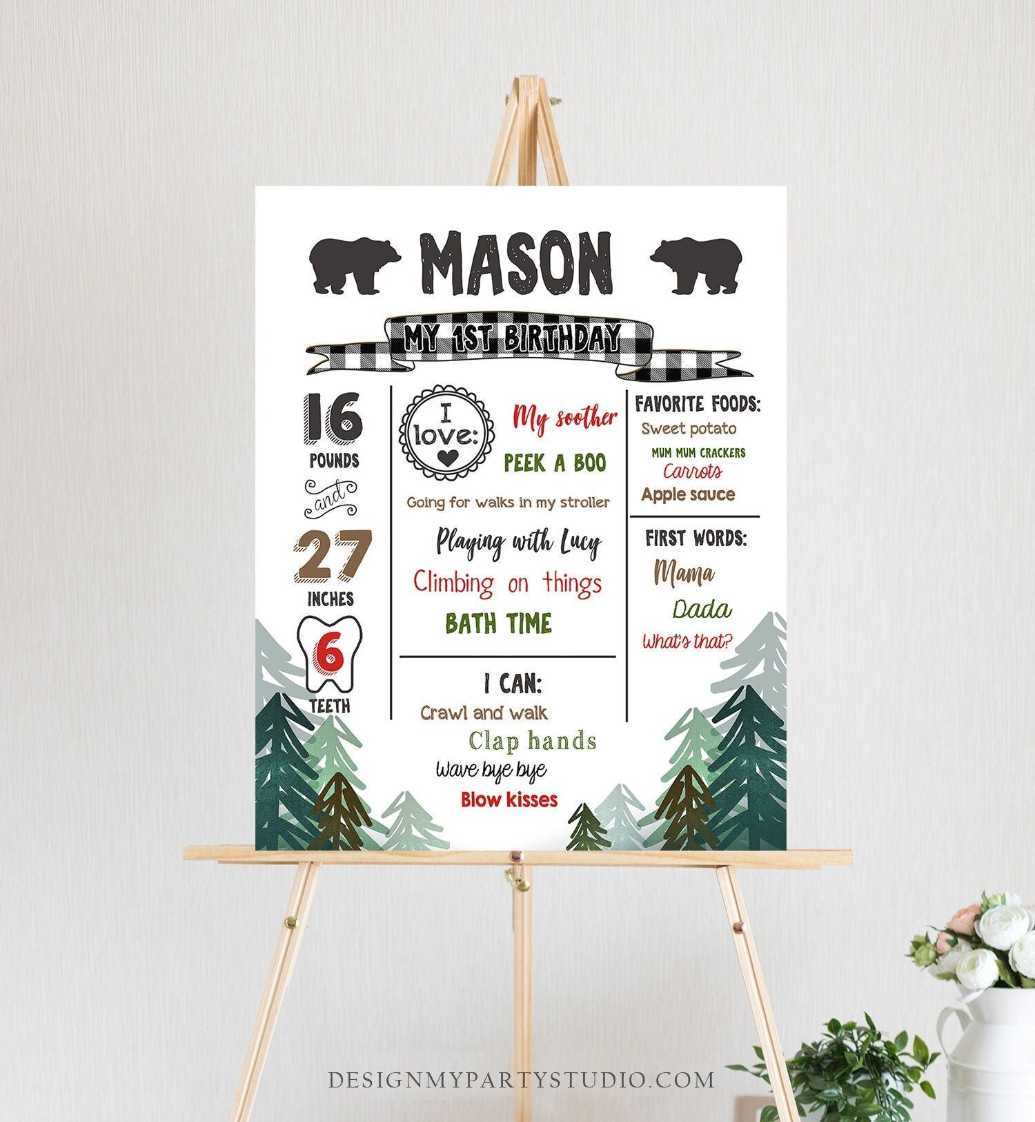 Editable Lumberjack Birthday Milestones Sign Pine Tree Stat Poster Infographic Woodland 1st Birthday Bear Template Printable Corjl 0377