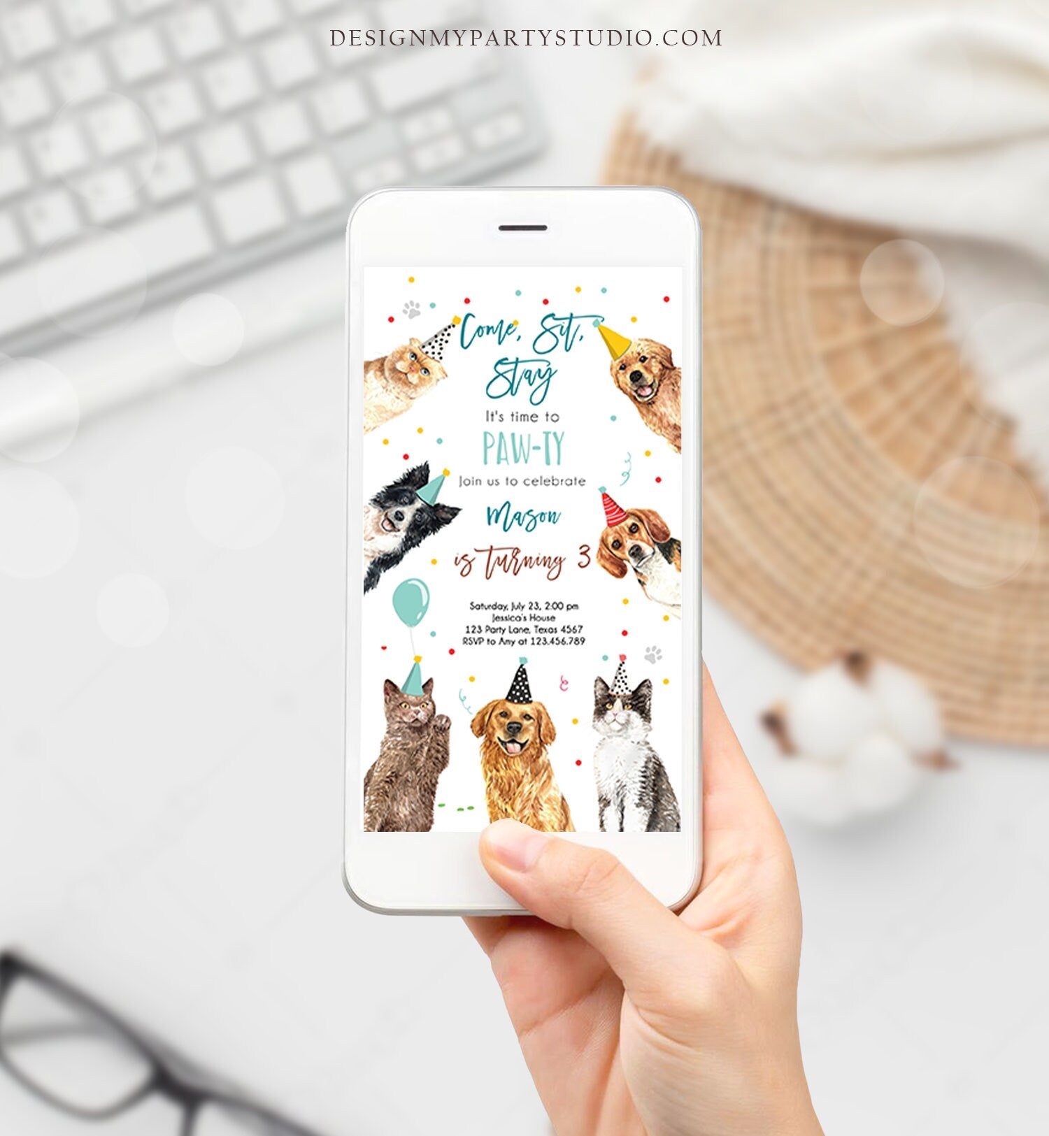 Editable Cats and Dogs Birthday Evite Cat Dog Birthday Party Invite Boy Kitten Puppy Pawty Download Electronic Phone Template Corjl 0384