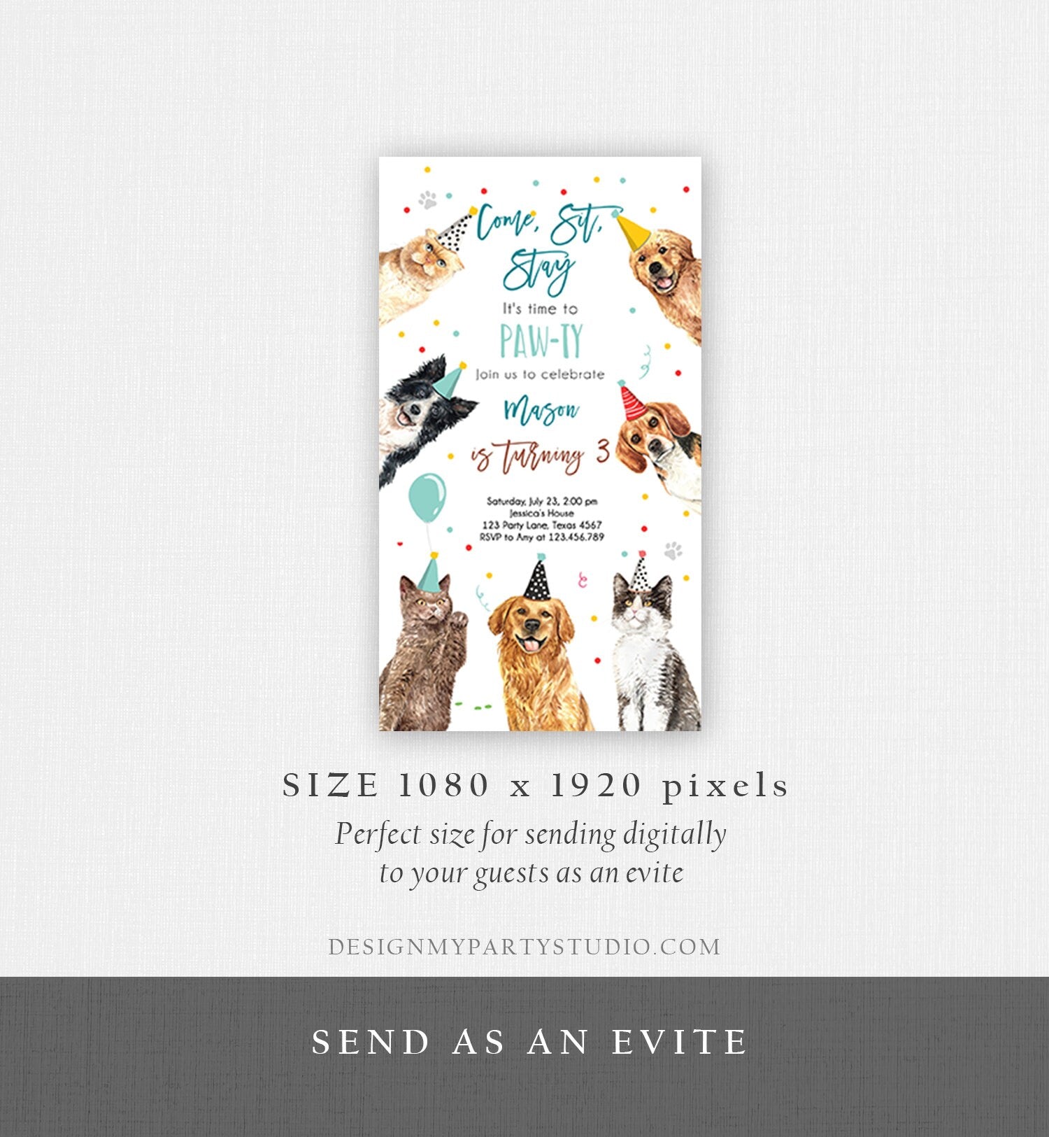 Editable Cats and Dogs Birthday Evite Cat Dog Birthday Party Invite Boy Kitten Puppy Pawty Download Electronic Phone Template Corjl 0384