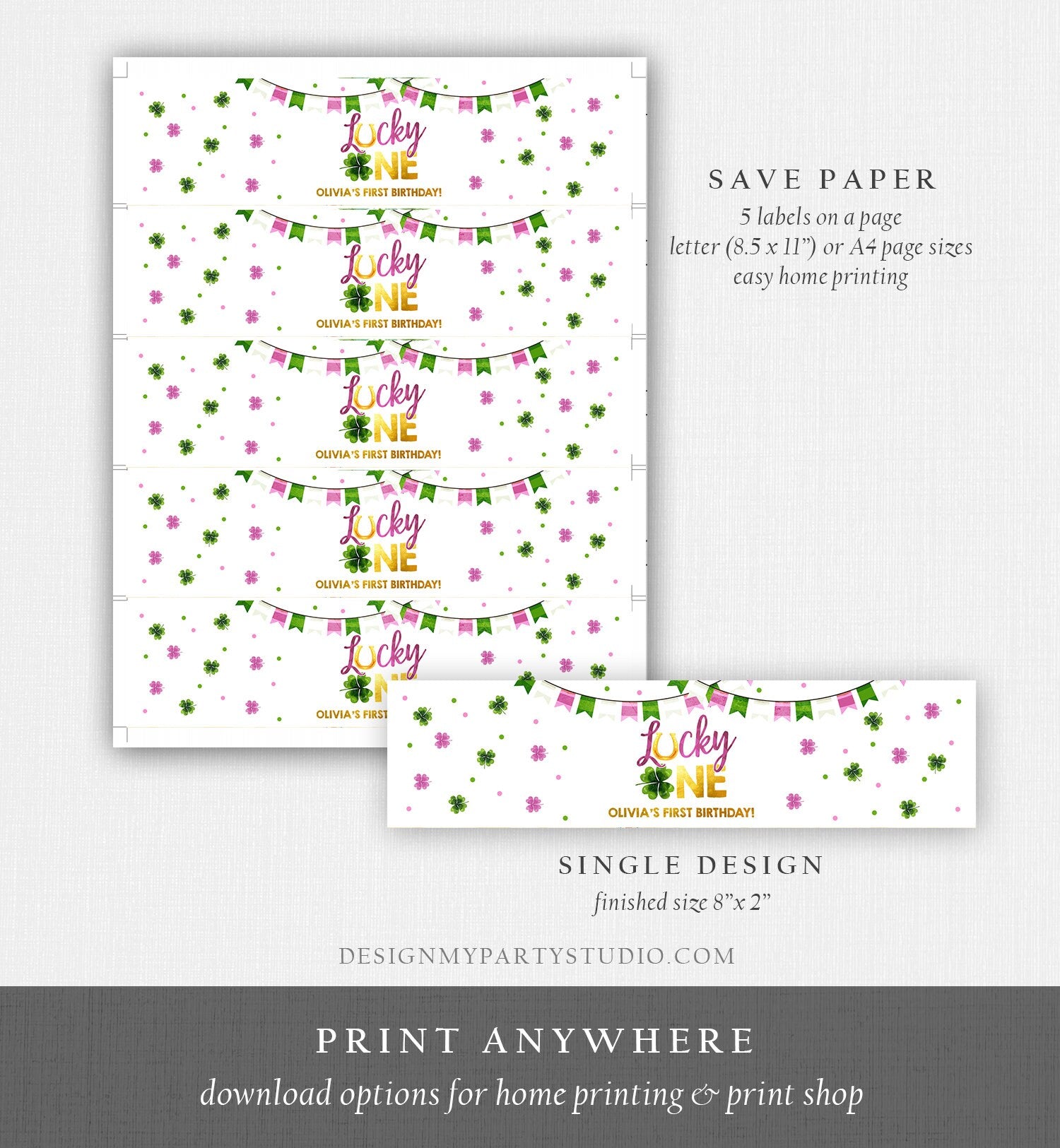 Editable Lucky One St Patricks Day Pink Girl Gold 1st First Birthday Clover Shamrock Horse Shoe Download Corjl Template Printable 0379