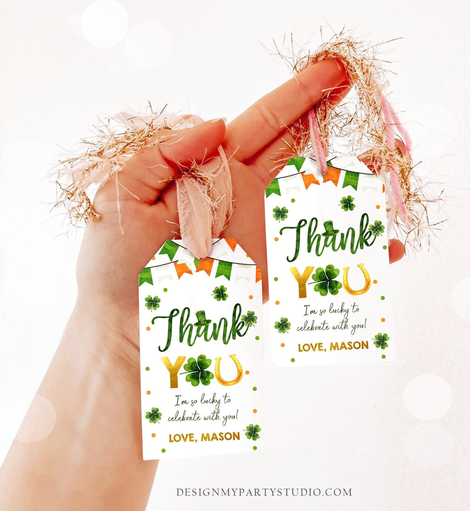 Editable St Patrick's Day Thank You Favor Tag Lucky One Horseshoe Boy Green Gold Clover Shamrock Birthday Party Corjl Template 0451 0379