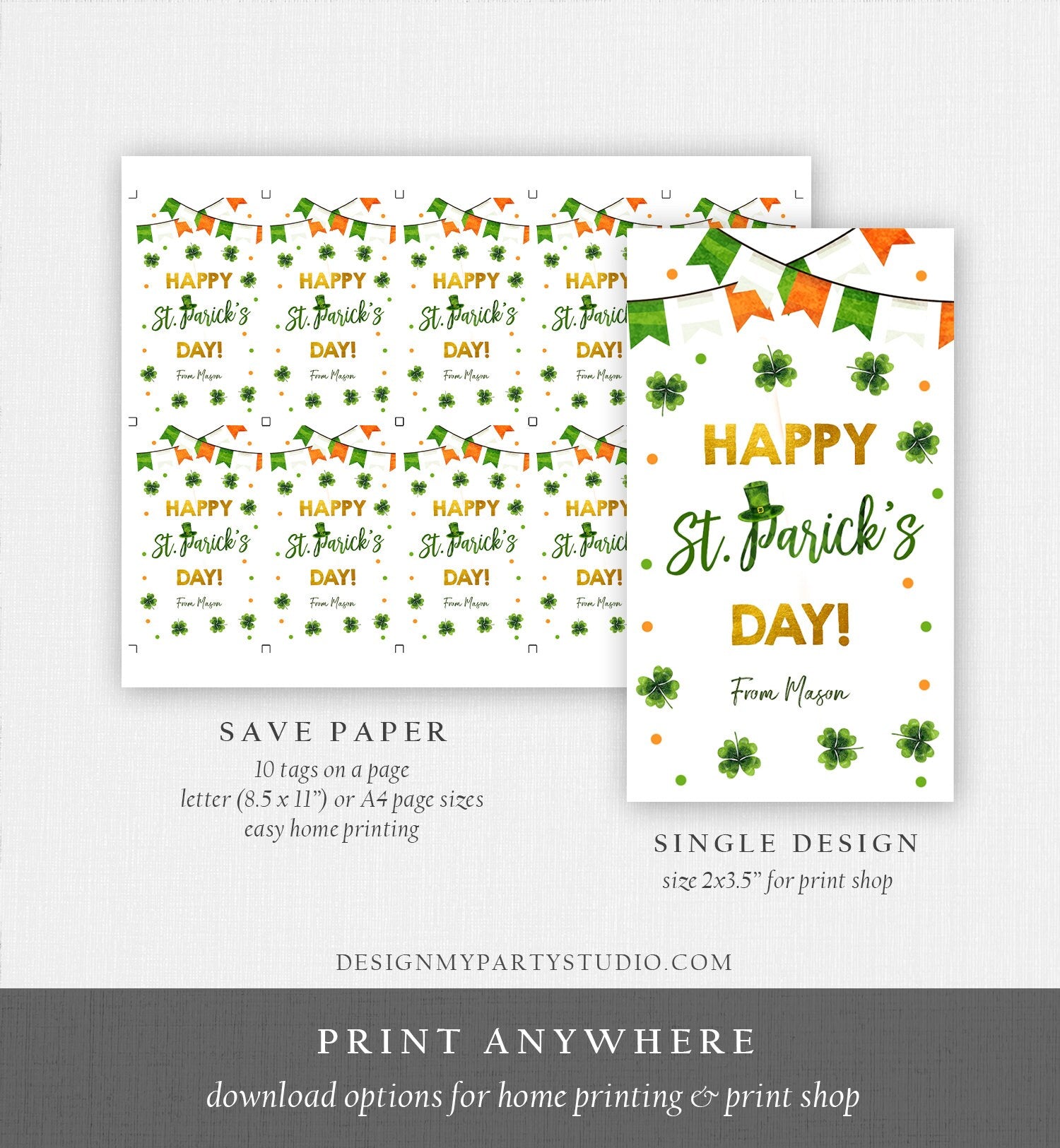 Editable Happy St Patrick's Day Thank You Favor Tag Lucky One Horseshoe Girl Pink Gold Clover Teacher Appreciation Corjl Template 0451 0379