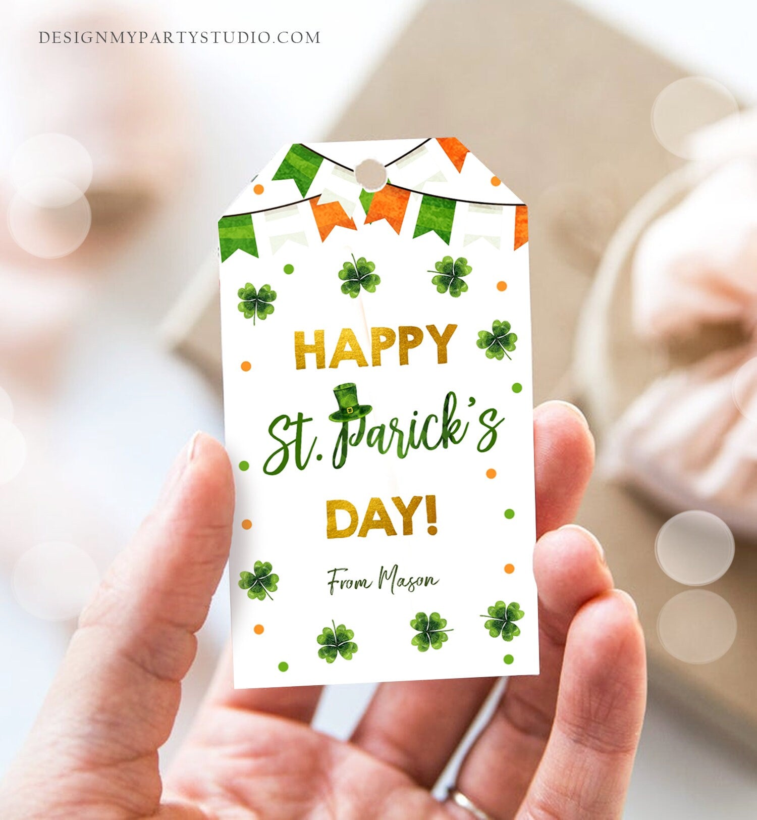 Editable Happy St Patrick's Day Thank You Favor Tag Lucky One Horseshoe Girl Pink Gold Clover Teacher Appreciation Corjl Template 0451 0379