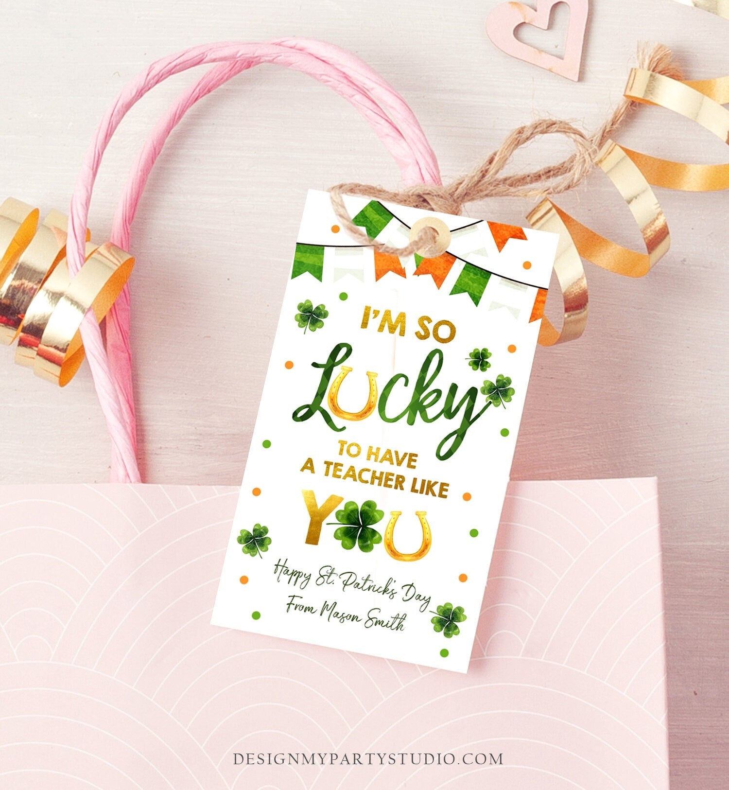 Editable St Patrick's Day Teacher Appreciation Thank You Favor Tag Im so Lucky One Boy Green Gold Clover Shamrock Corjl Template 0451 0379