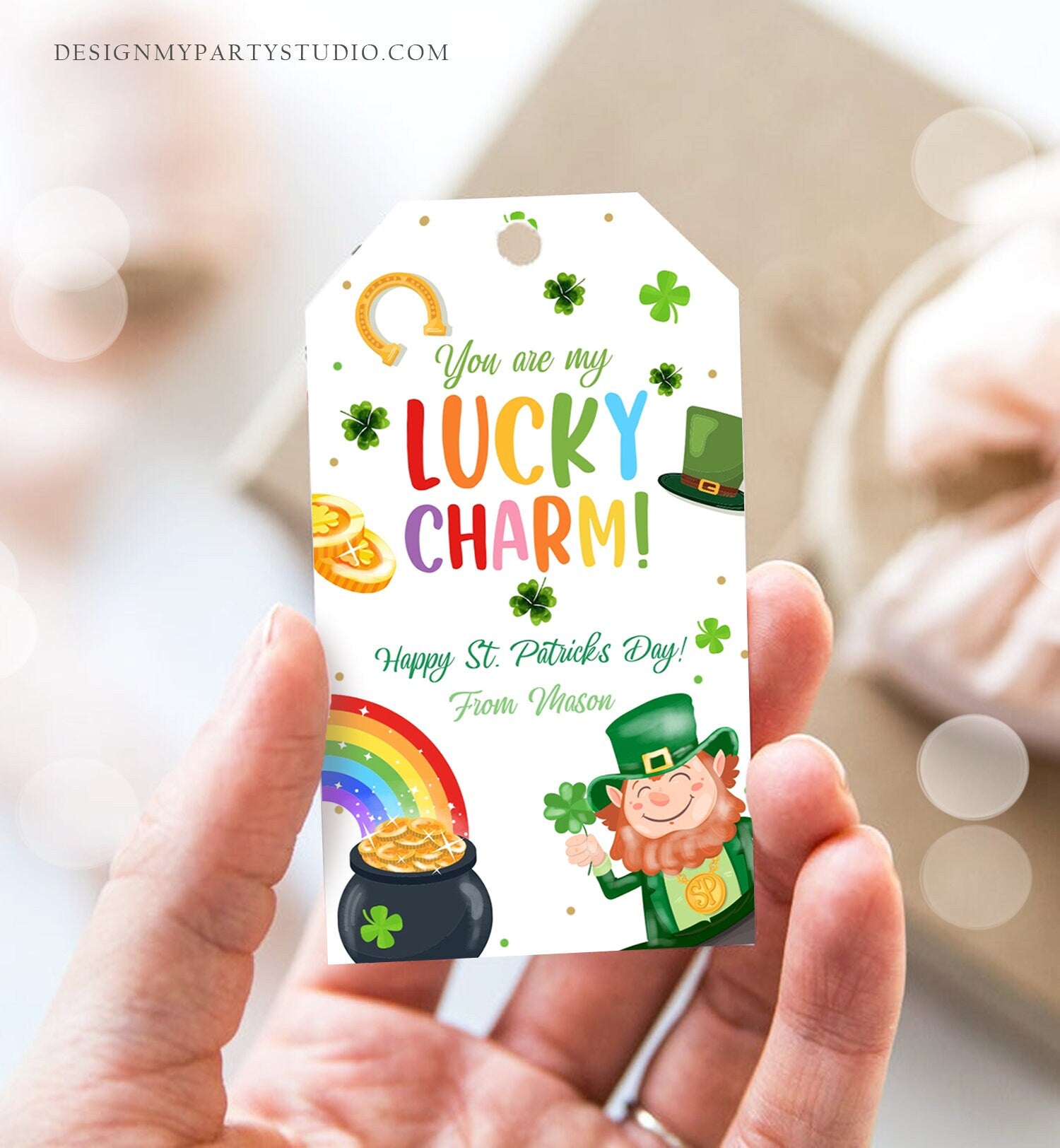 Editable St. Patrick's Day Tag You Are My Lucky Charm Rainbow Favor Tag Friend School Shamrock Cereal Coworker Friend Template Corjl 0451