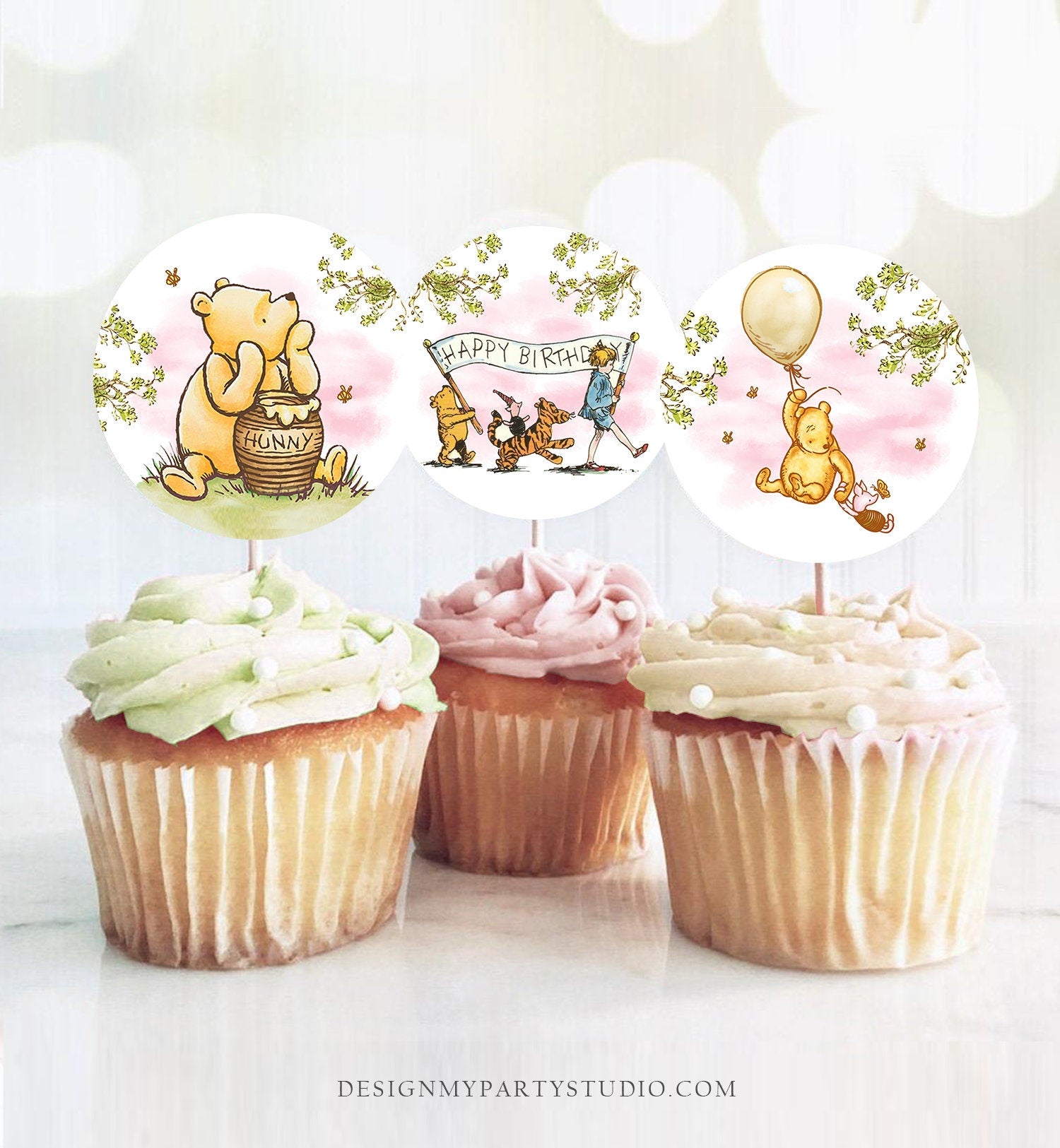 Classic Winnie The Pooh Birthday Cupcake Toppers Pooh Favor Tags Pooh Party Decor 1st Girl Pink Rustic Download Digital PRINTABLE 0425