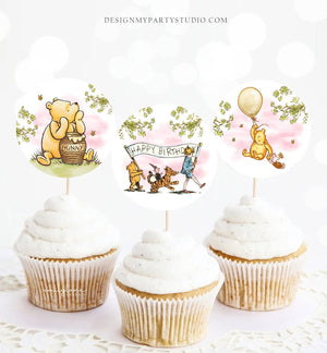 Classic Winnie The Pooh Birthday Cupcake Toppers Pooh Favor Tags Pooh Party Decor 1st Girl Pink Rustic Download Digital PRINTABLE 0425